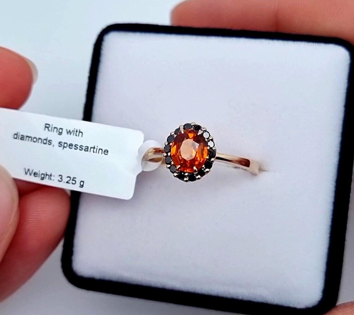 Women's Certified Ring with Natural Spessartine and Black Diamonds gems, gold 14Karat For Sale
