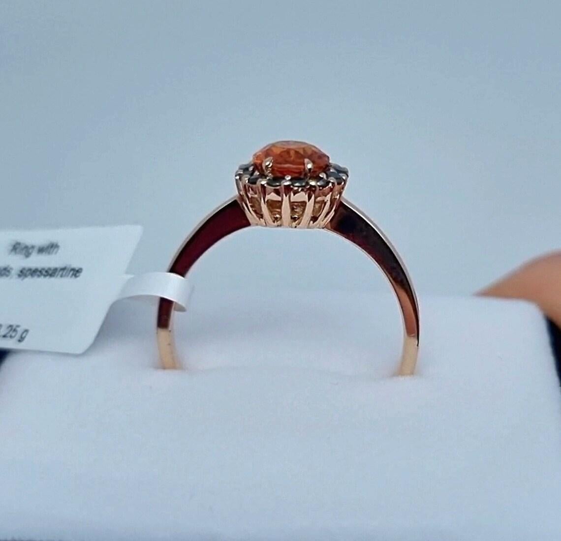 Certified Ring with Natural Spessartine and Black Diamonds gems, gold 14Karat For Sale 1