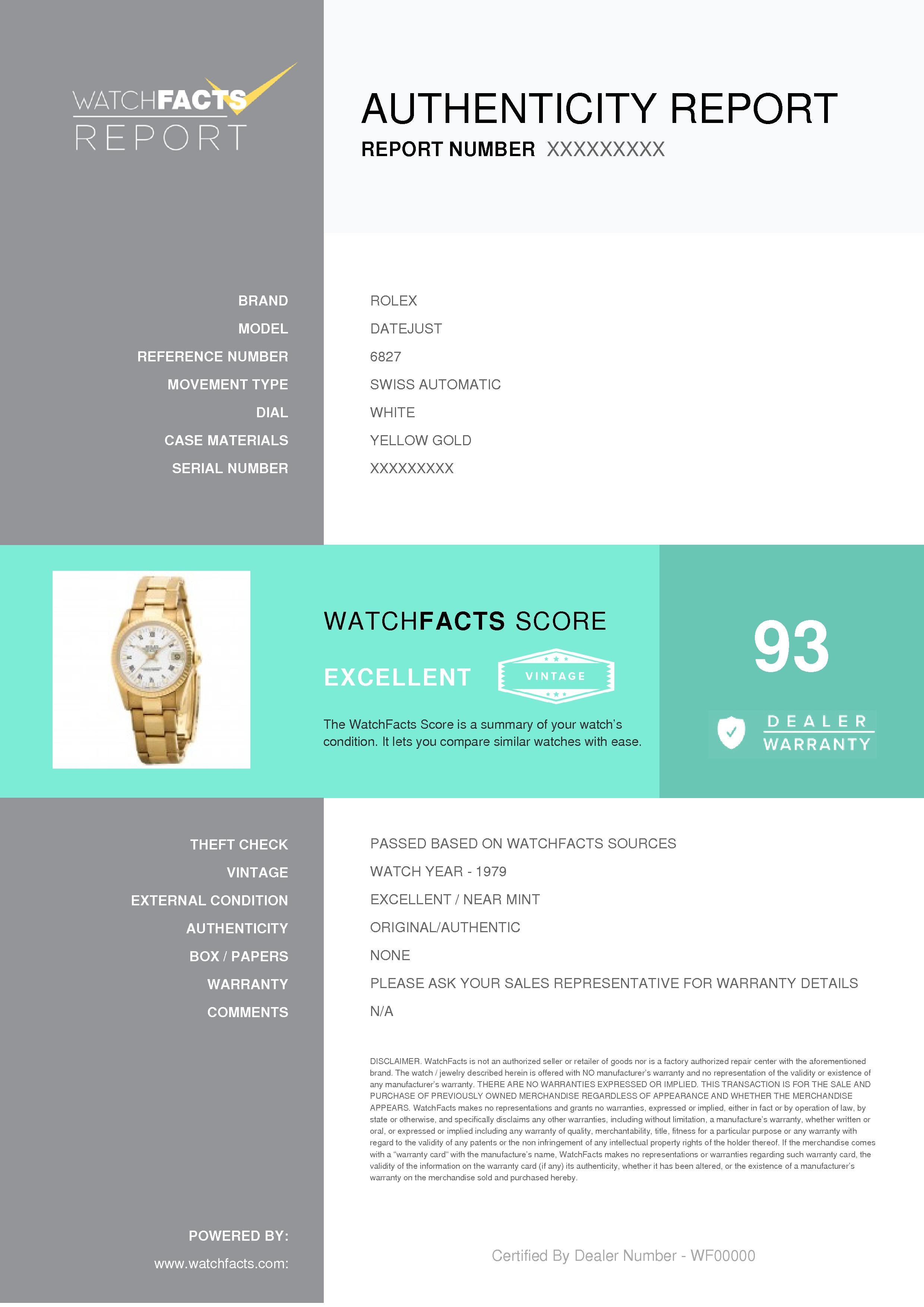 Certified Rolex Datejust 6827 1979 18 Karat Yellow Gold Women's In Good Condition In Miami, FL