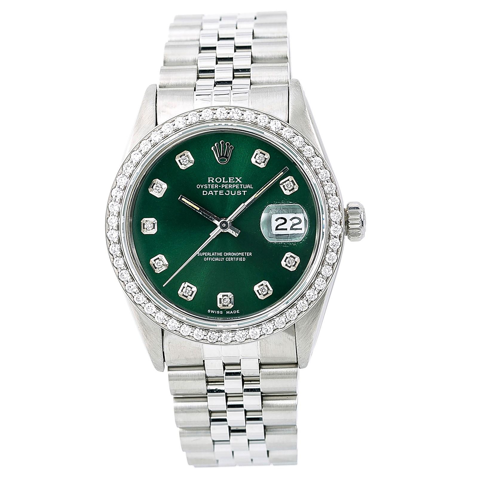 Certified: Rolex Datejust Men's Automatic Watch 1.50CT Diamond Bezel Green Dial