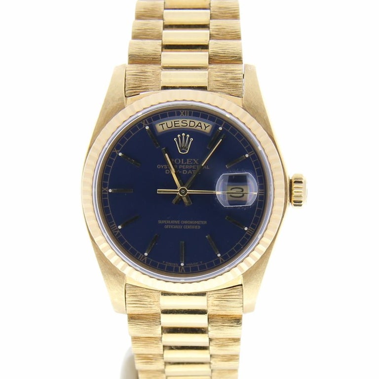 Certified Rolex Day-Date 18038 with Band and Blue Dial For Sale at 1stdibs