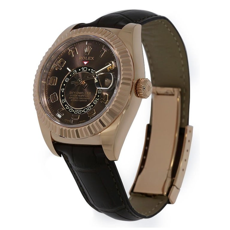 Certified Rolex SkyDweller 18 Karat Rose Gold Leather Strap Watch