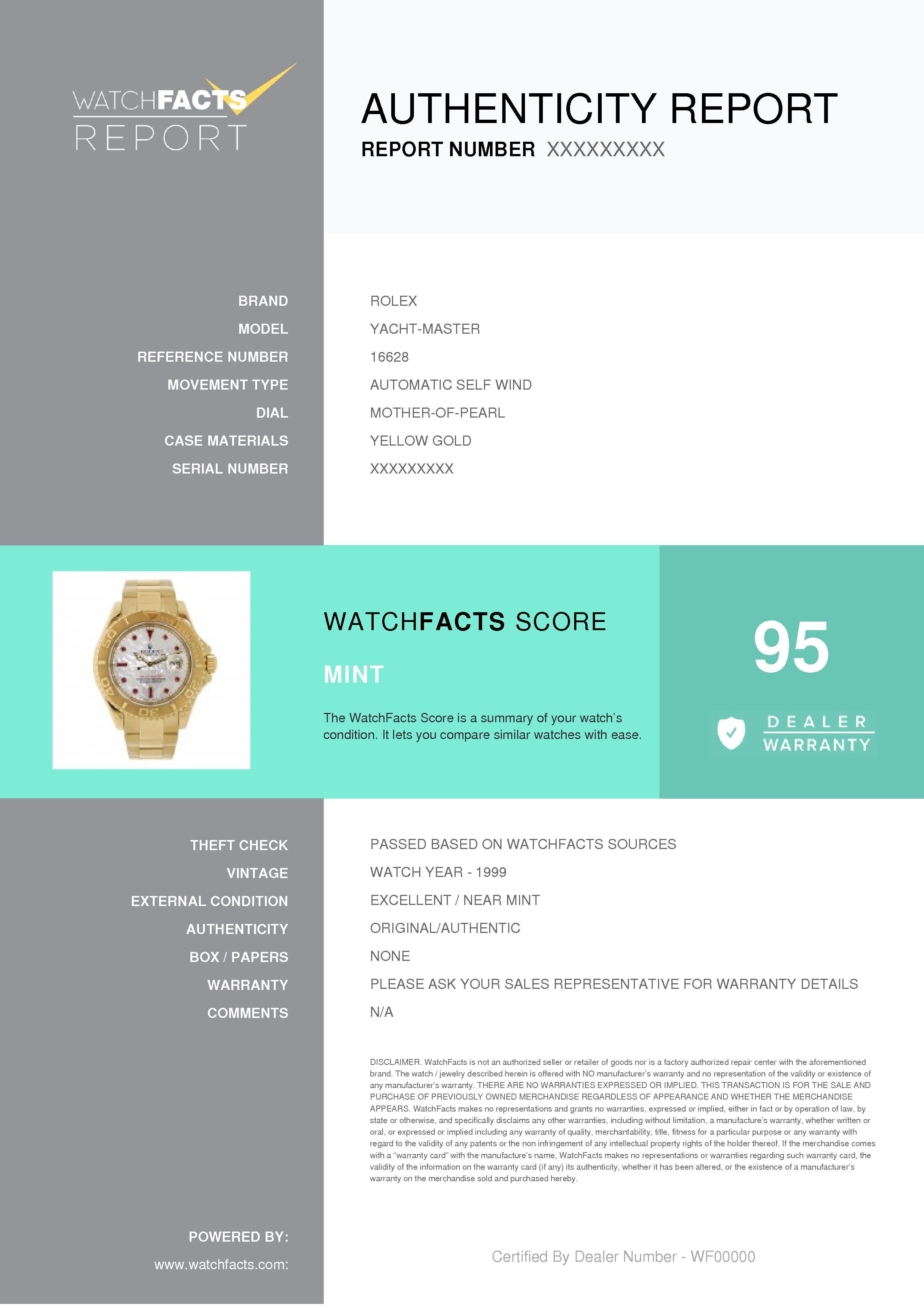 Certified: Rolex Yacht-Master 40mm 18K Yellow Gold White MOP Ruby Dial 16628 In Excellent Condition In Miami, FL