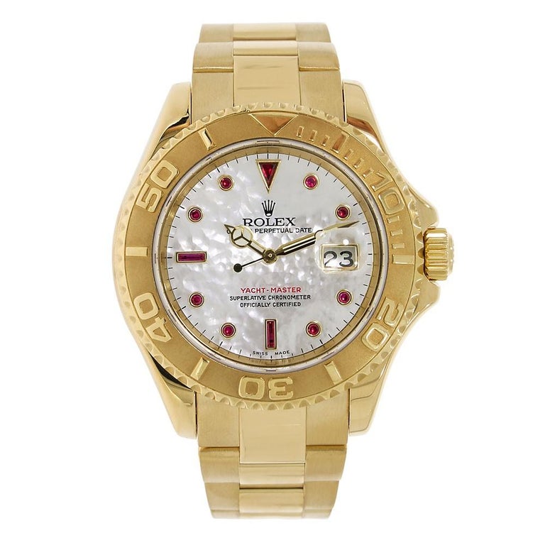 Certified: Rolex Yacht-Master 40mm 18K Yellow Gold White MOP Ruby Dial  16628 at 1stDibs