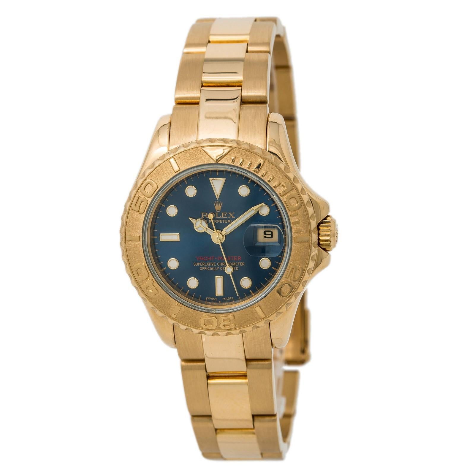 Certified Rolex Yachtmaster 169628 Women’s Automatic Watch Blue Dial 18 Karat YG For Sale