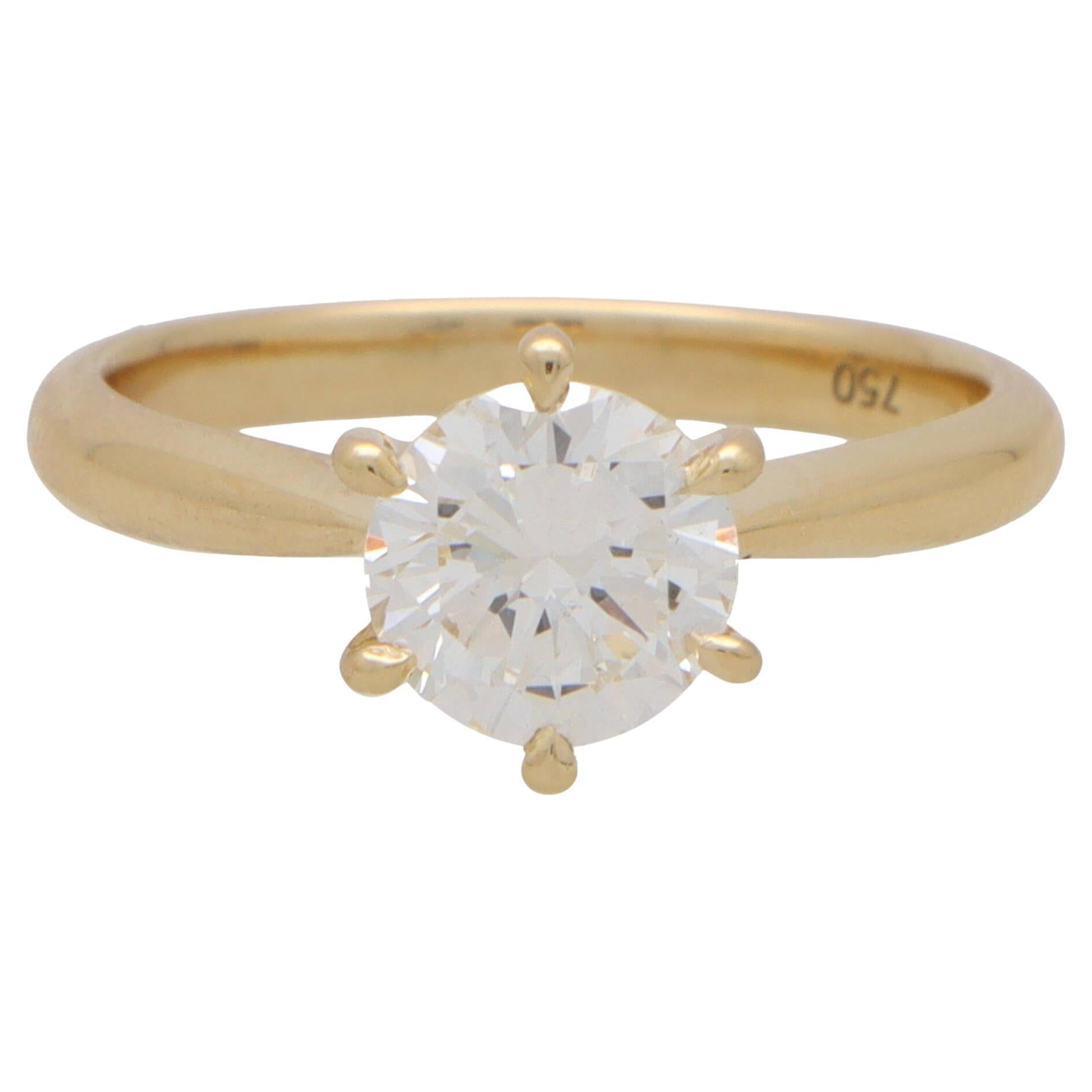 Certified Round Brilliant Cut Diamond Solitaire Ring in 18k Yellow Gold For Sale