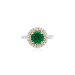 IGI Certified Round cut Colombian Emerald, Yellow Diamond and White Diamond Ring