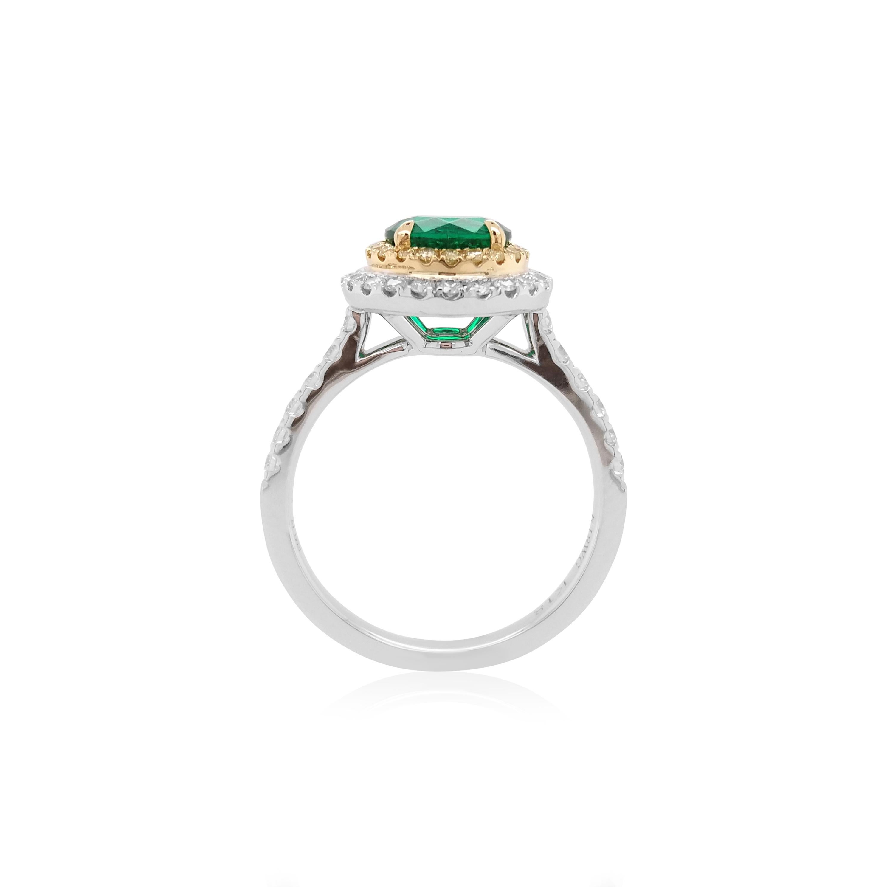 Anillo de Esmeralda Colombiana, Diamante Amarillo y Diamante Blanco, talla redonda, certificado IGI Corte redondo en venta