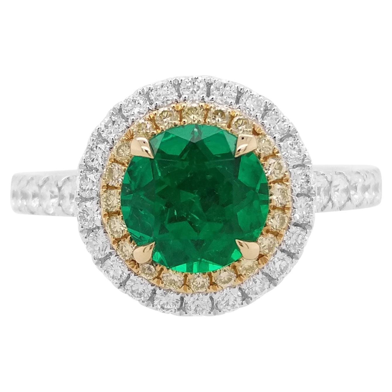 Anillo de Esmeralda Colombiana, Diamante Amarillo y Diamante Blanco, talla redonda, certificado IGI en venta