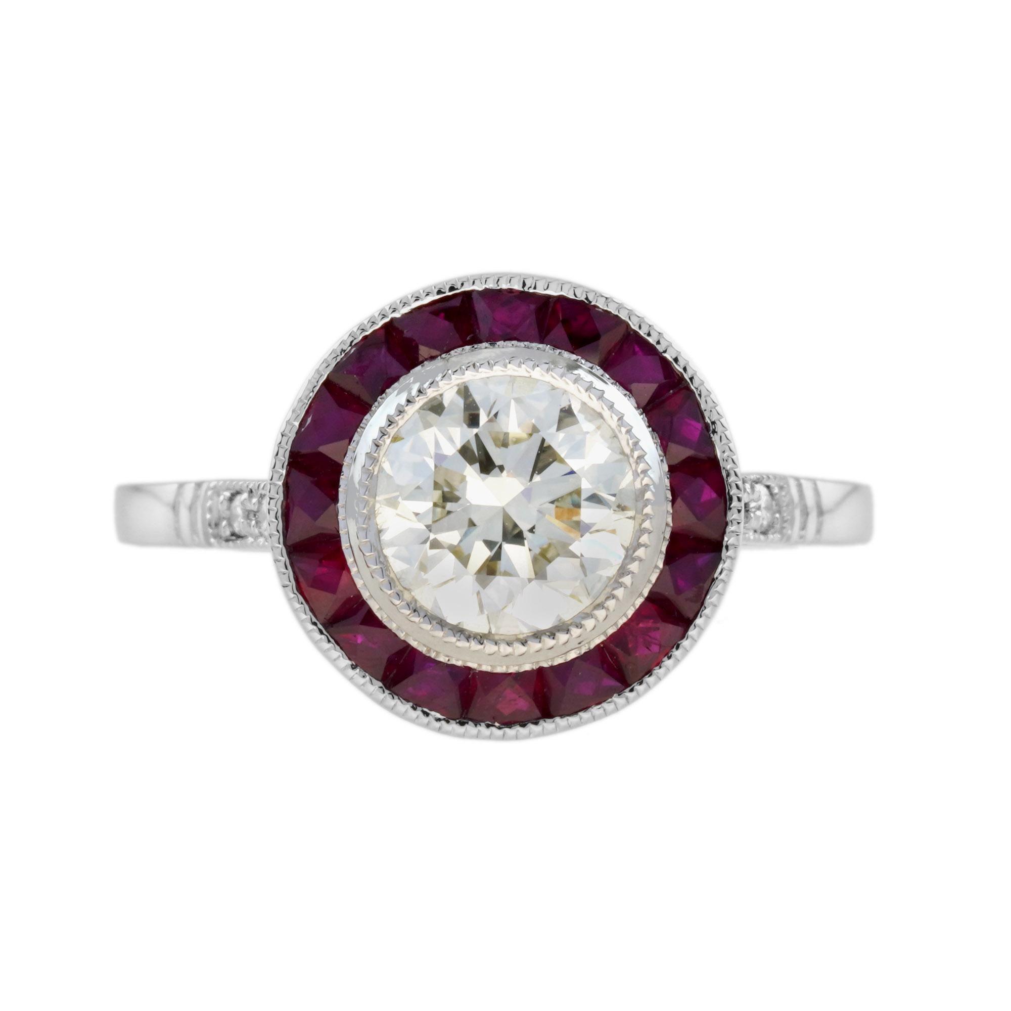 Bague cible d'inspiration Art déco, ornée d'un diamant central de 1 carat, certifié GIA, de couleur N et de pureté VVS1. Le diamant central est entouré d'un halo de rubis de taille française sertis en canal. Les diamants ronds sur les épaules