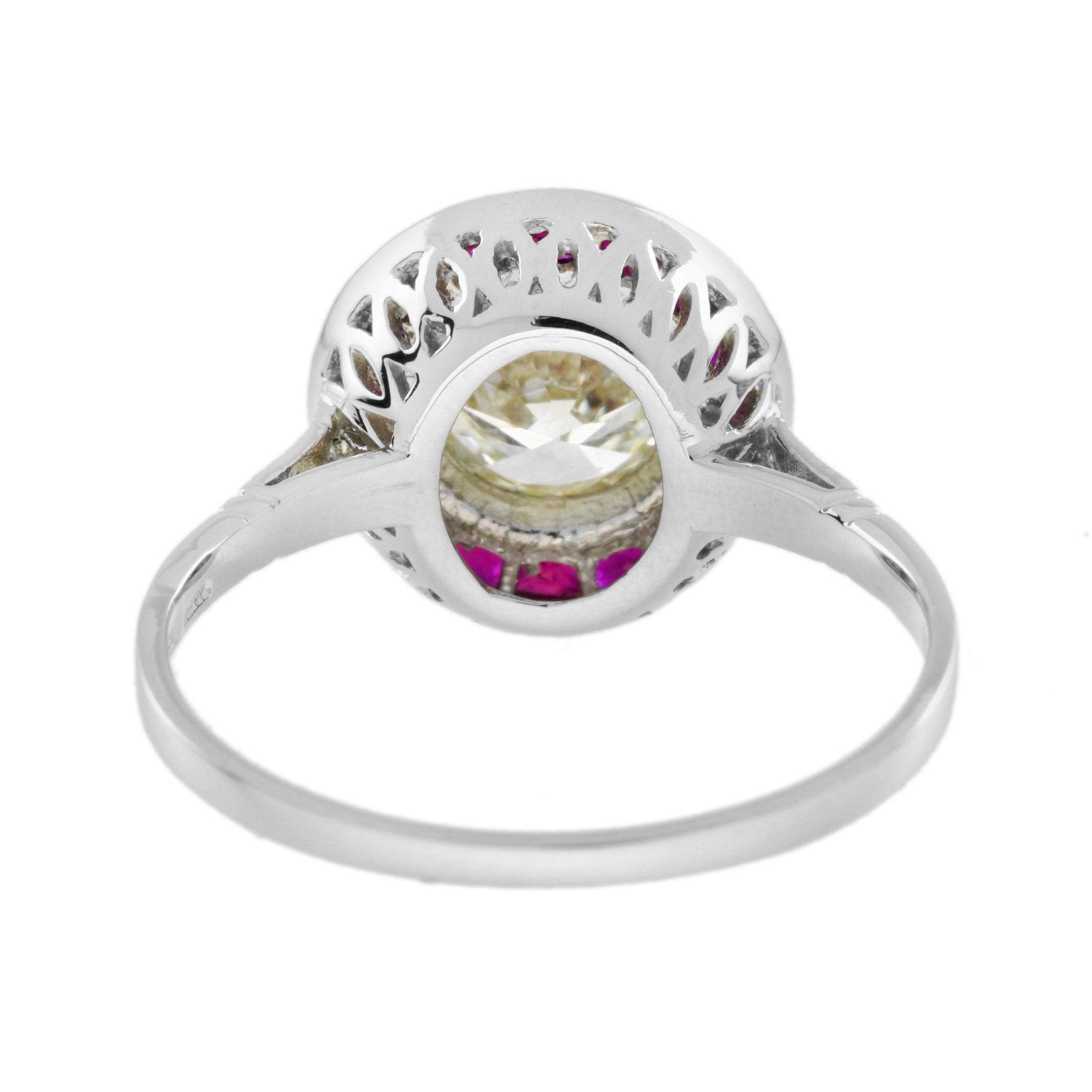 Bague en platine de style Art déco sertie d'un halo de diamants ronds certifiés et de rubis roses rouges Neuf - En vente à Oakton, VA