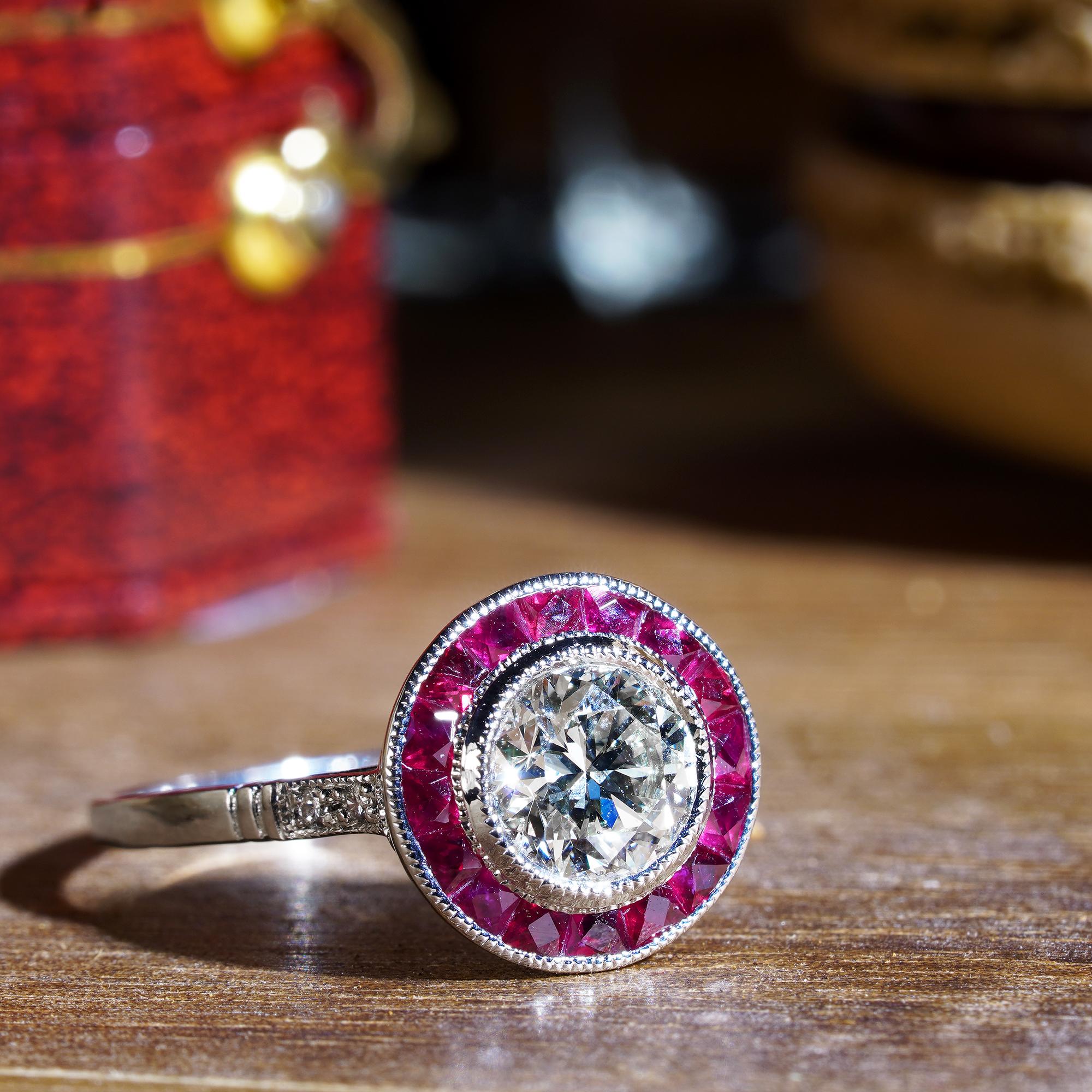 Bague en platine de style Art déco sertie d'un halo de diamants ronds certifiés et de rubis roses rouges Pour femmes en vente