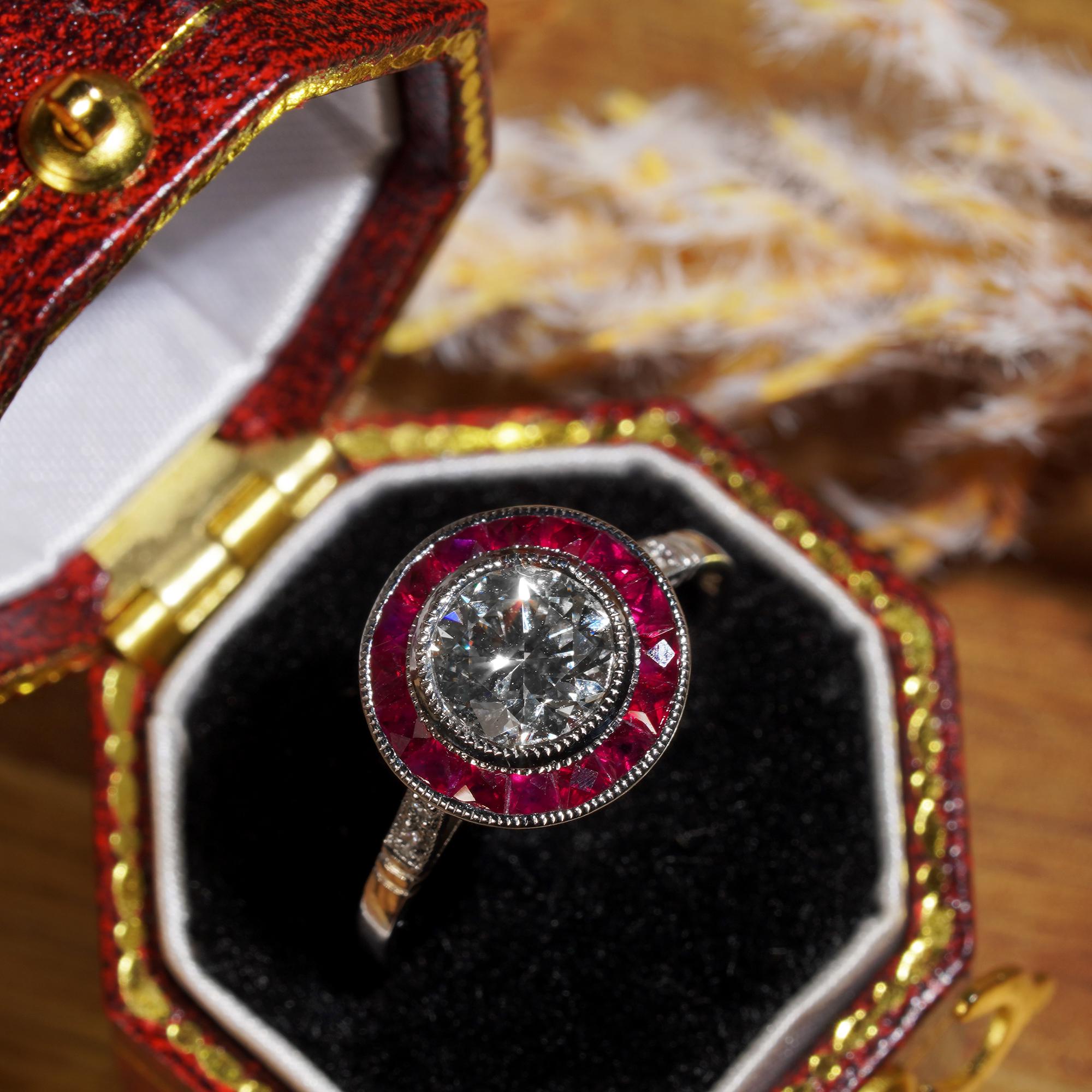 Bague en platine de style Art déco sertie d'un halo de diamants ronds certifiés et de rubis roses rouges en vente 2