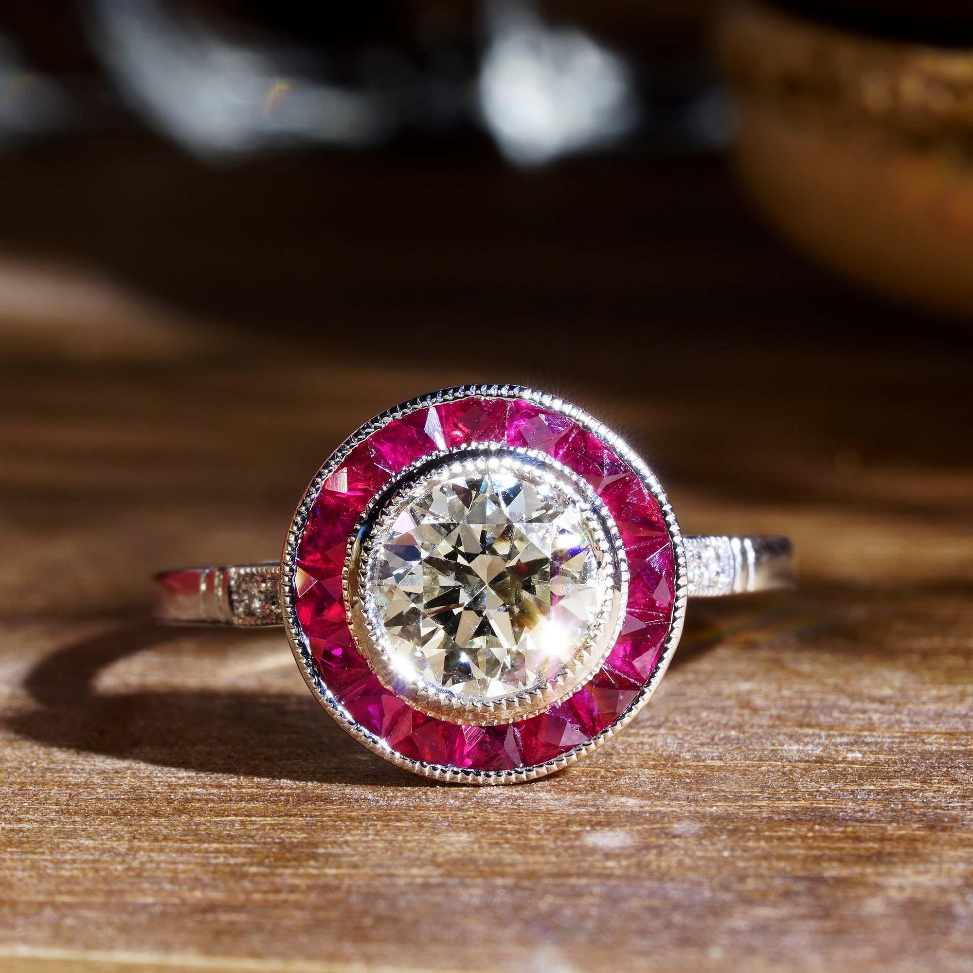 Bague en platine de style Art déco sertie d'un halo de diamants ronds certifiés et de rubis roses rouges en vente 4