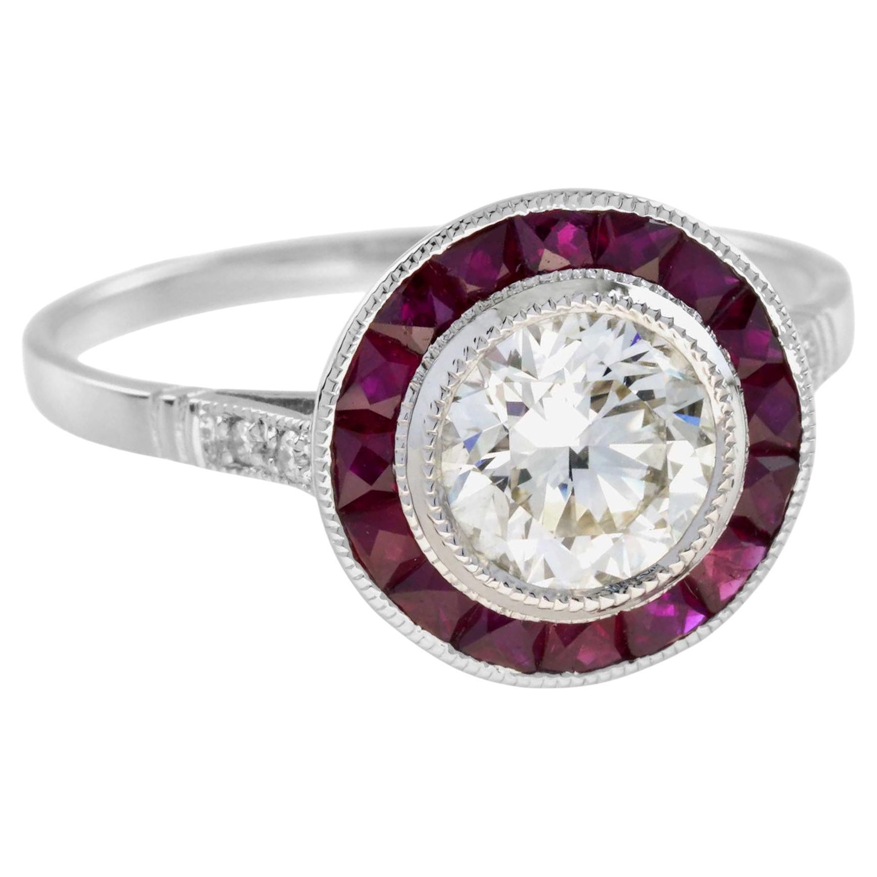 Certified Round Diamond & Red Pink Ruby Halo Set Art Deco Style Platinum Ring