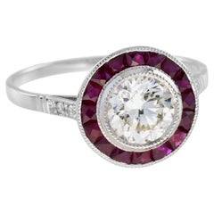 Certified Round Diamond & Red Pink Ruby Halo Set Art Deco Style Platinum Ring
