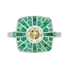 Certified Round Yellow Diamond & Green Emerald Halo Cushion 18K White Gold Ring