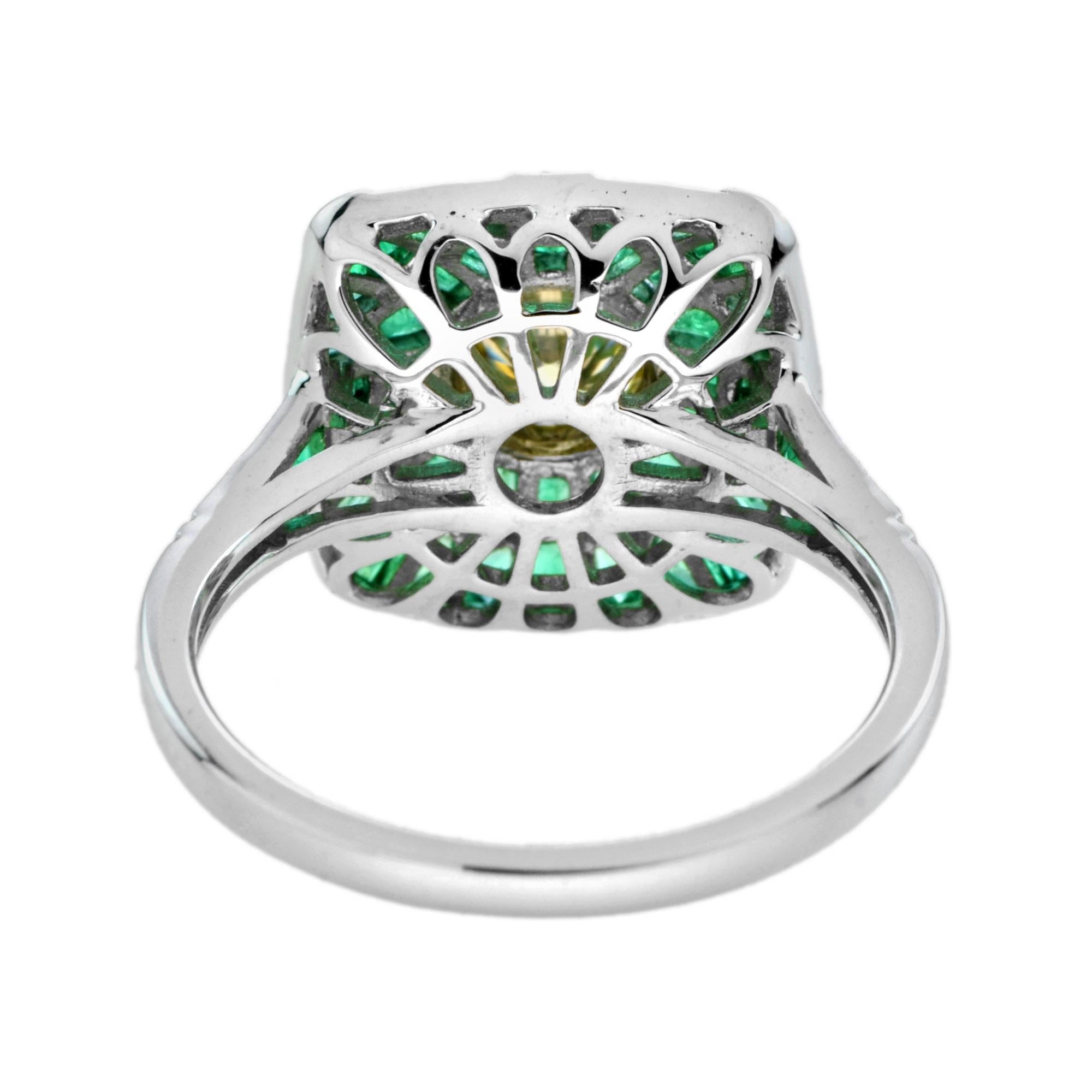 Zertifizierter runder gelber Diamant & grüner Smaragd Halo Cushion Ring aus 18K Weißgold im Zustand „Neu“ im Angebot in Oakton, VA