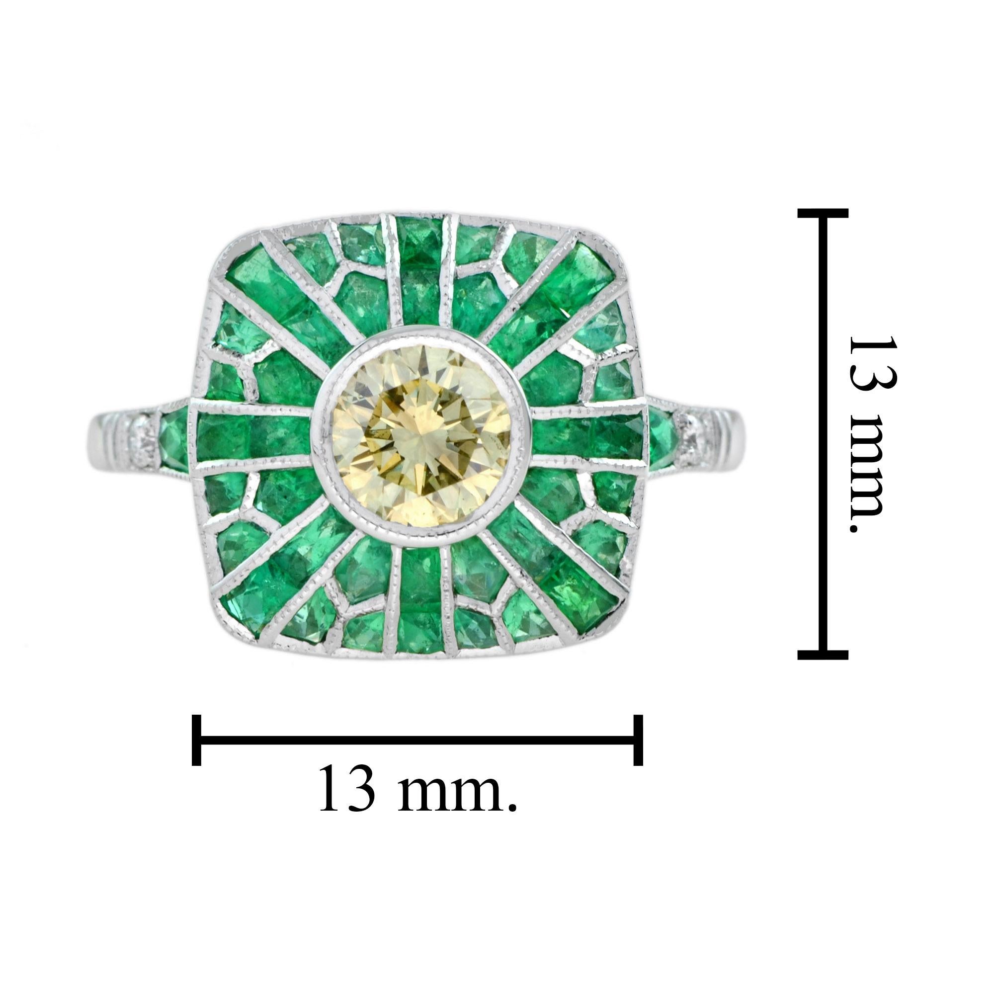 Zertifizierter runder gelber Diamant & grüner Smaragd Halo Cushion Ring aus 18K Weißgold im Angebot 1