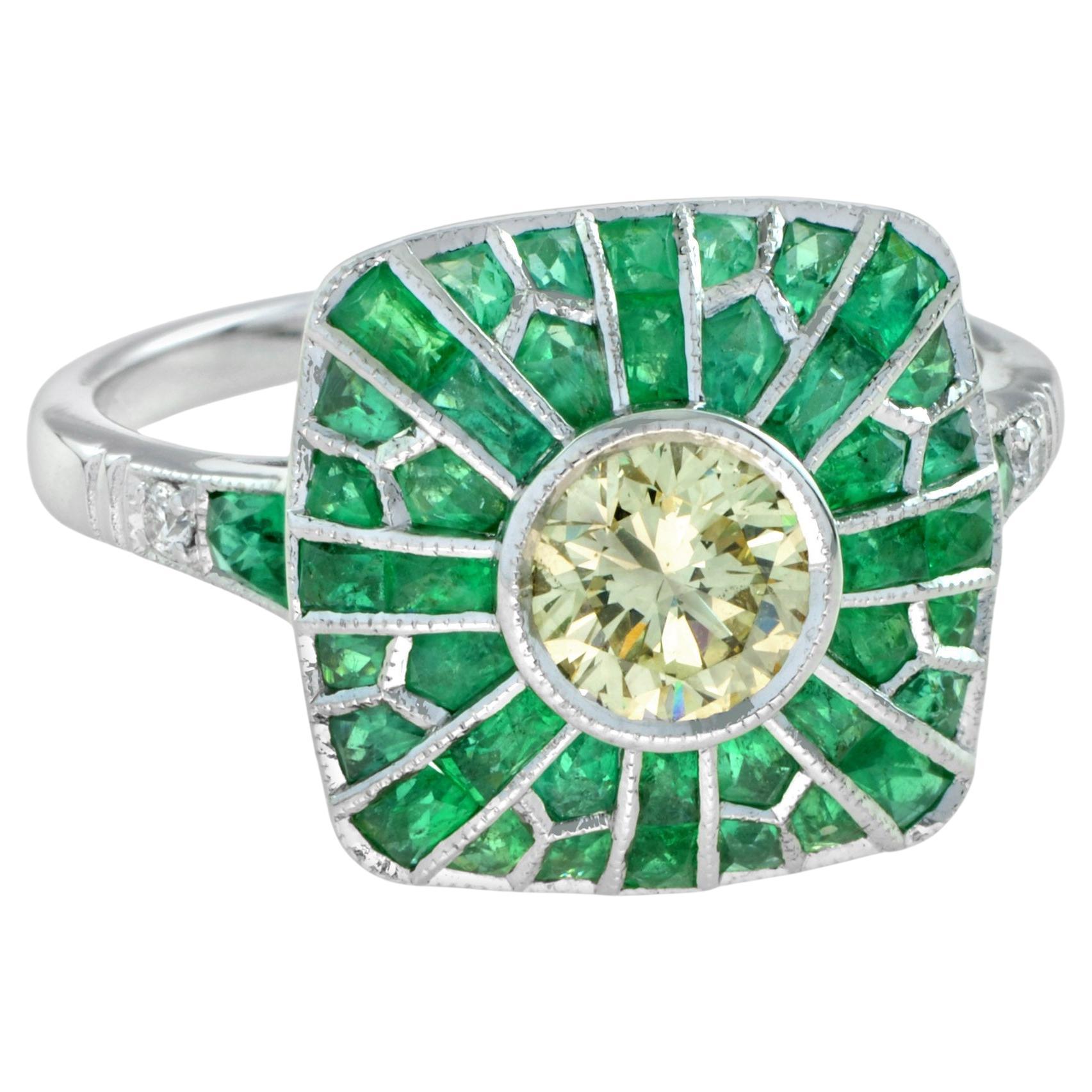 Certified Round Yellow Diamond & Green Emerald Halo Cushion 18K White Gold Ring