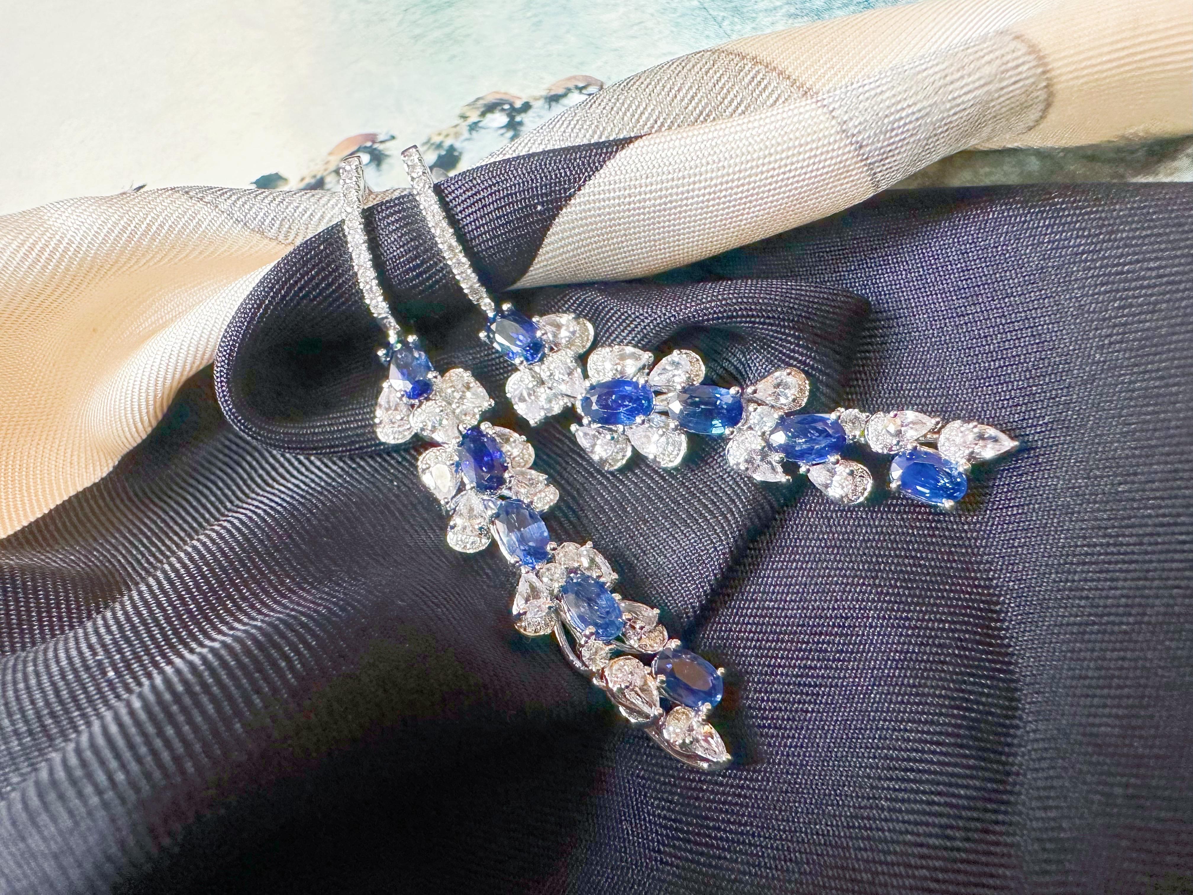 Certified Royal Blue Sapphire in Diamond White Sapphire Long Earrings For Sale 4