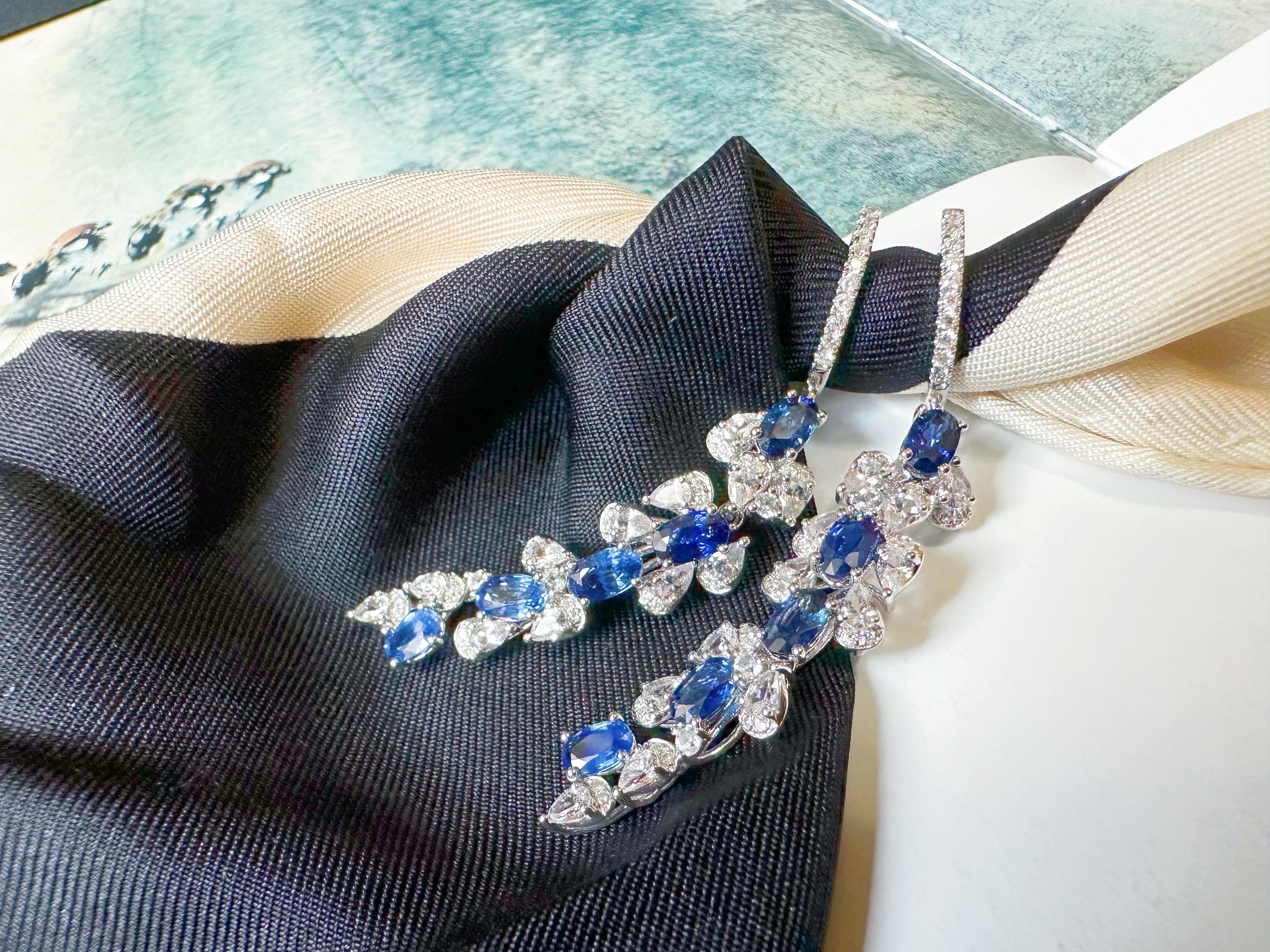 Certified Royal Blue Sapphire in Diamond White Sapphire Long Earrings For Sale 8