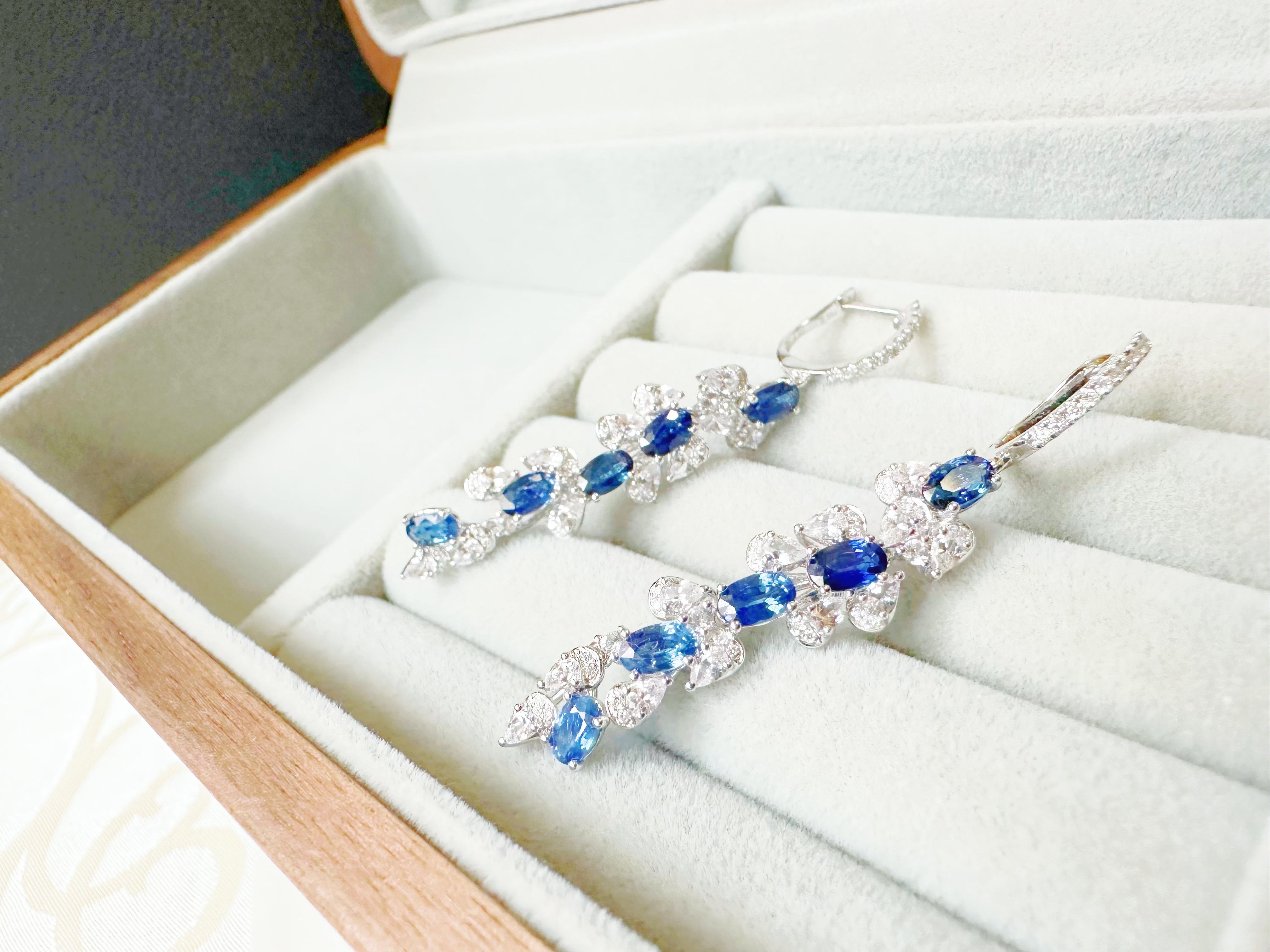Certified Royal Blue Sapphire in Diamond White Sapphire Long Earrings For Sale 10
