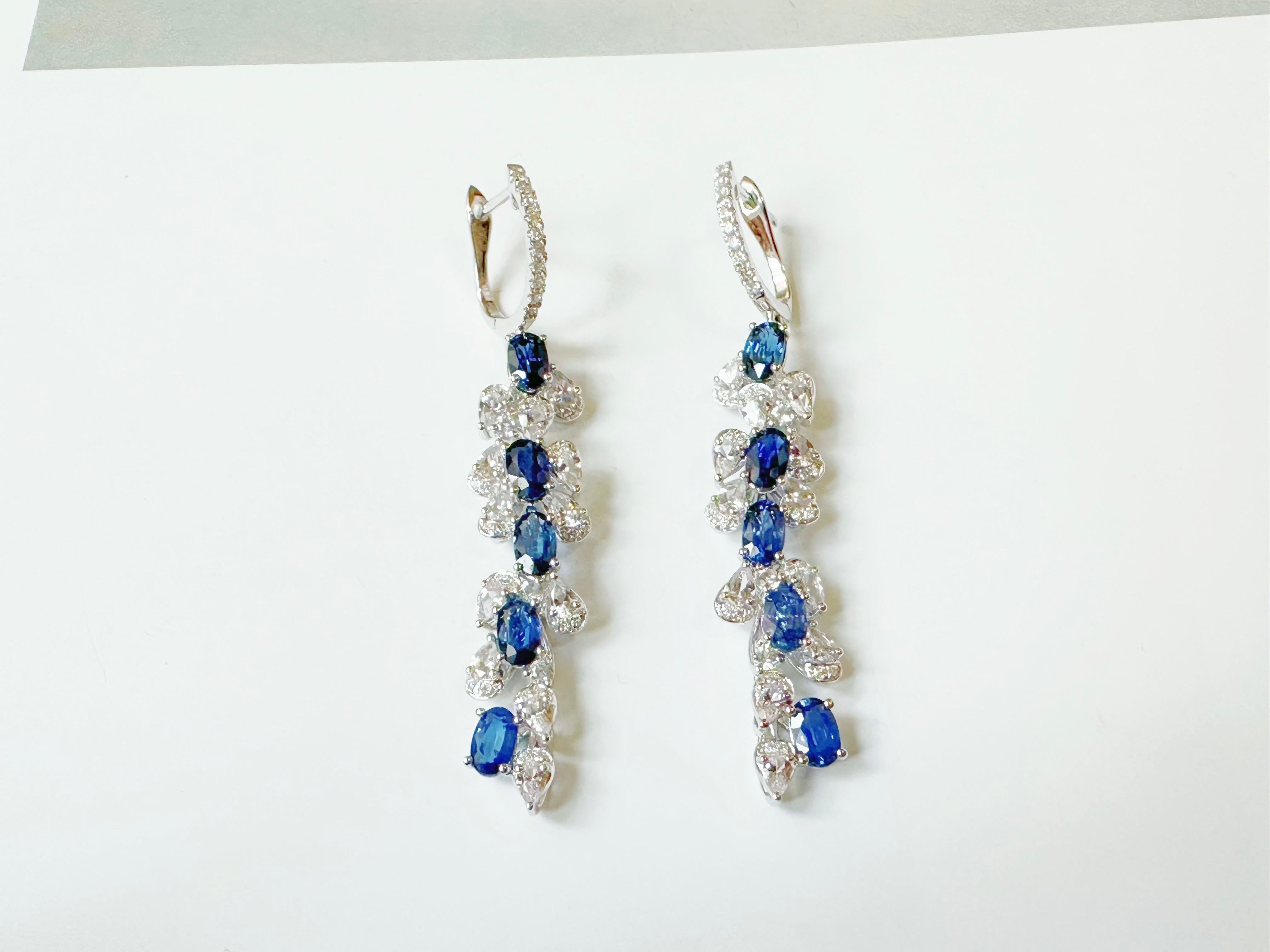 Certified Royal Blue Sapphire in Diamond White Sapphire Long Earrings For Sale 11