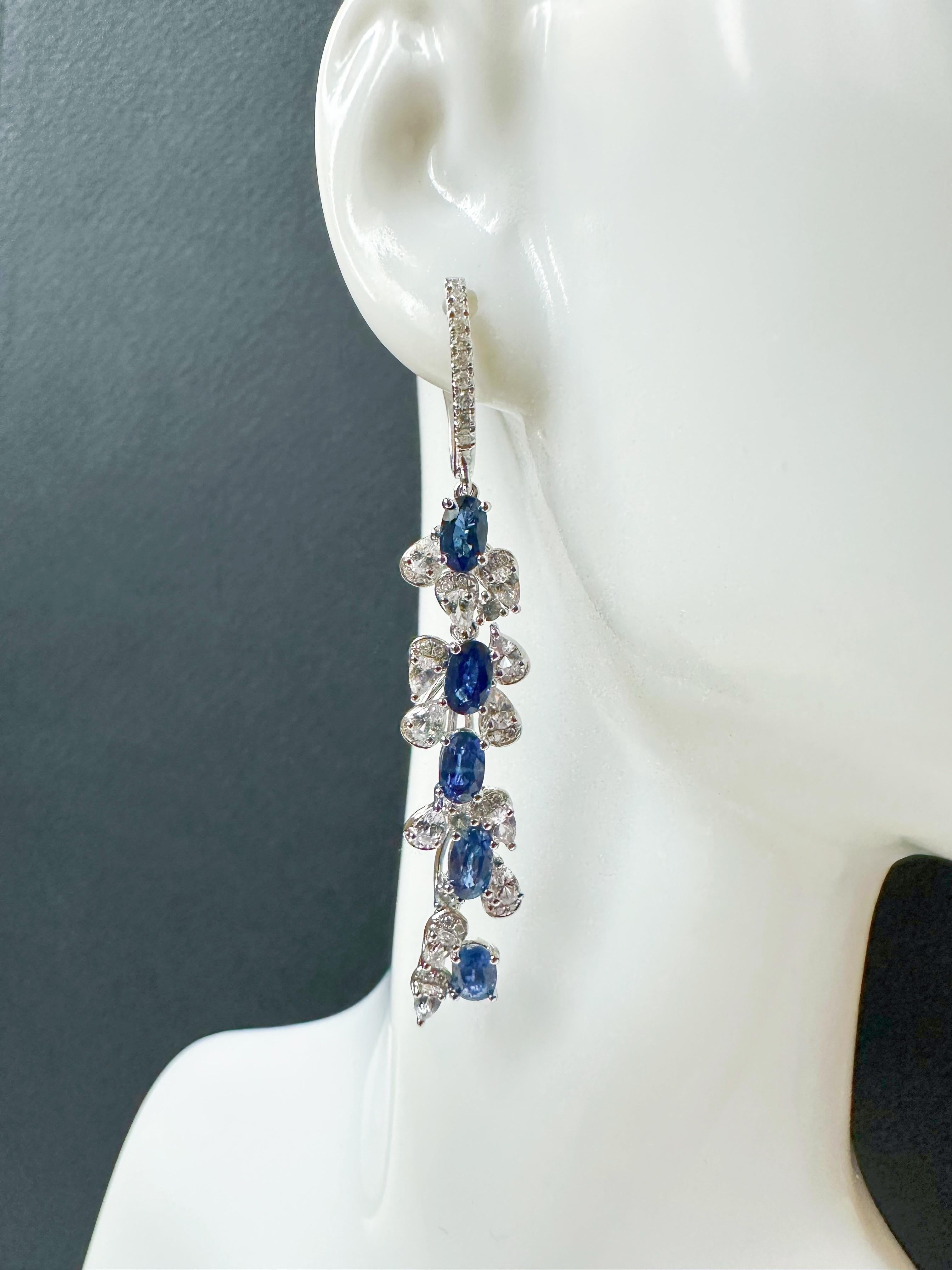 Art Nouveau Certified Royal Blue Sapphire in Diamond White Sapphire Long Earrings For Sale
