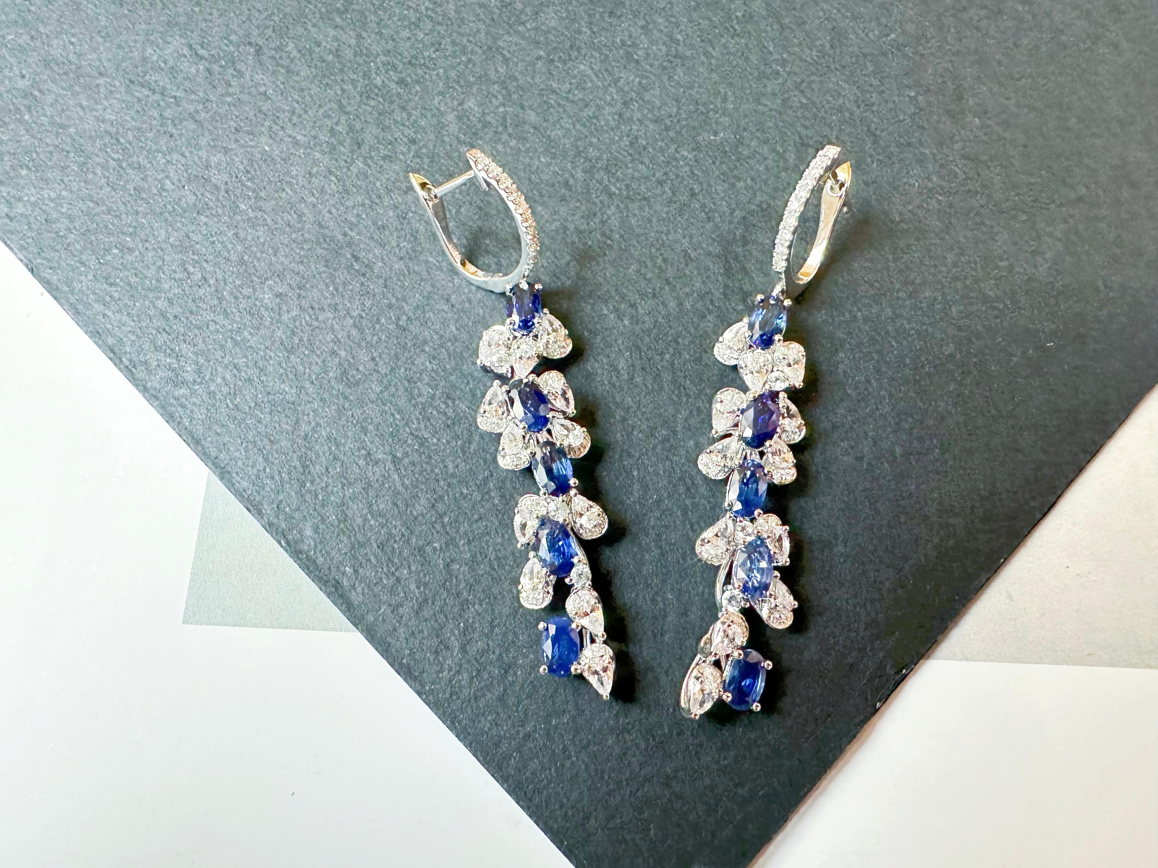 Oval Cut Certified Royal Blue Sapphire in Diamond White Sapphire Long Earrings For Sale