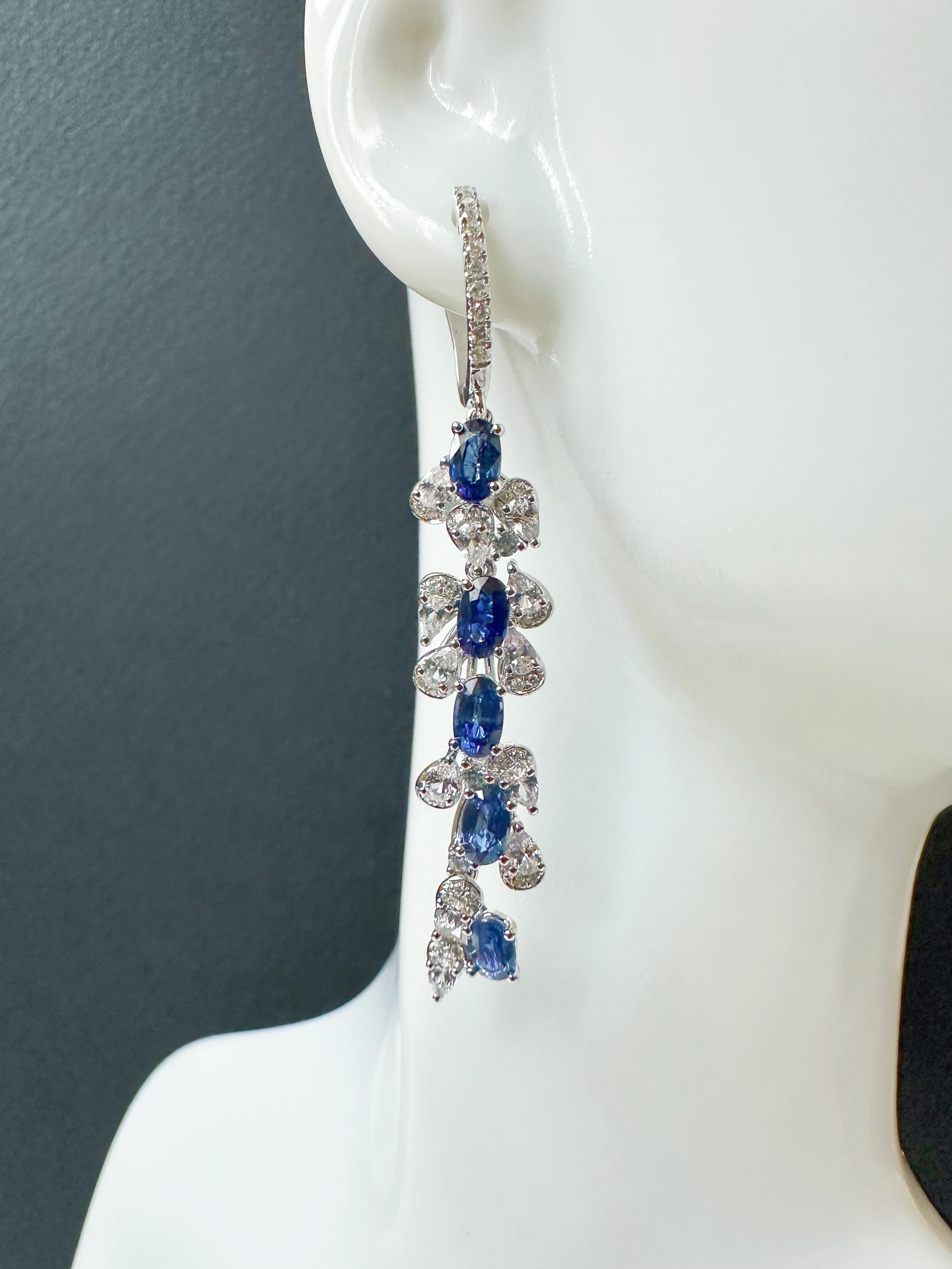 Certified Royal Blue Sapphire in Diamond White Sapphire Long Earrings For Sale 1