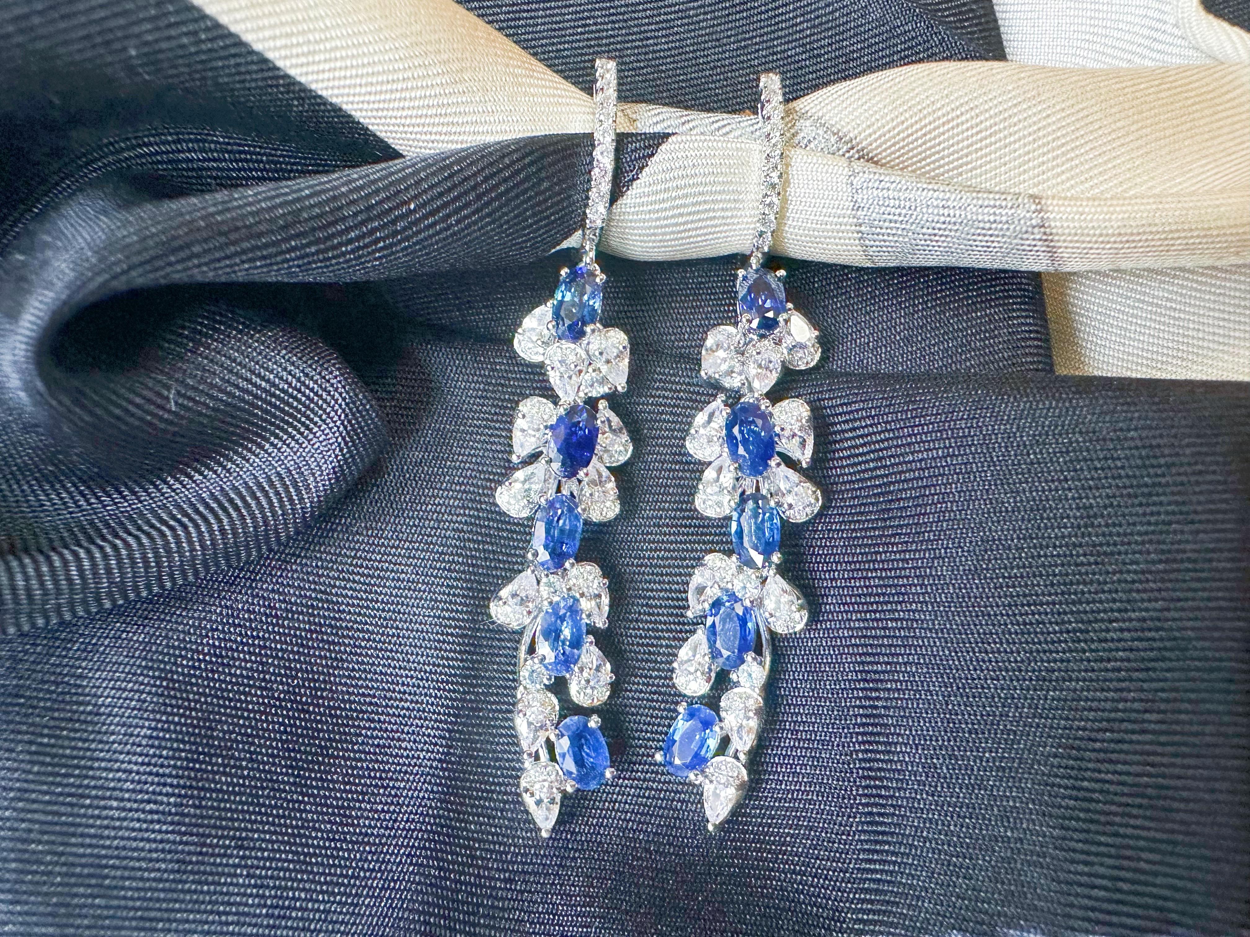 Certified Royal Blue Sapphire in Diamond White Sapphire Long Earrings For Sale 2