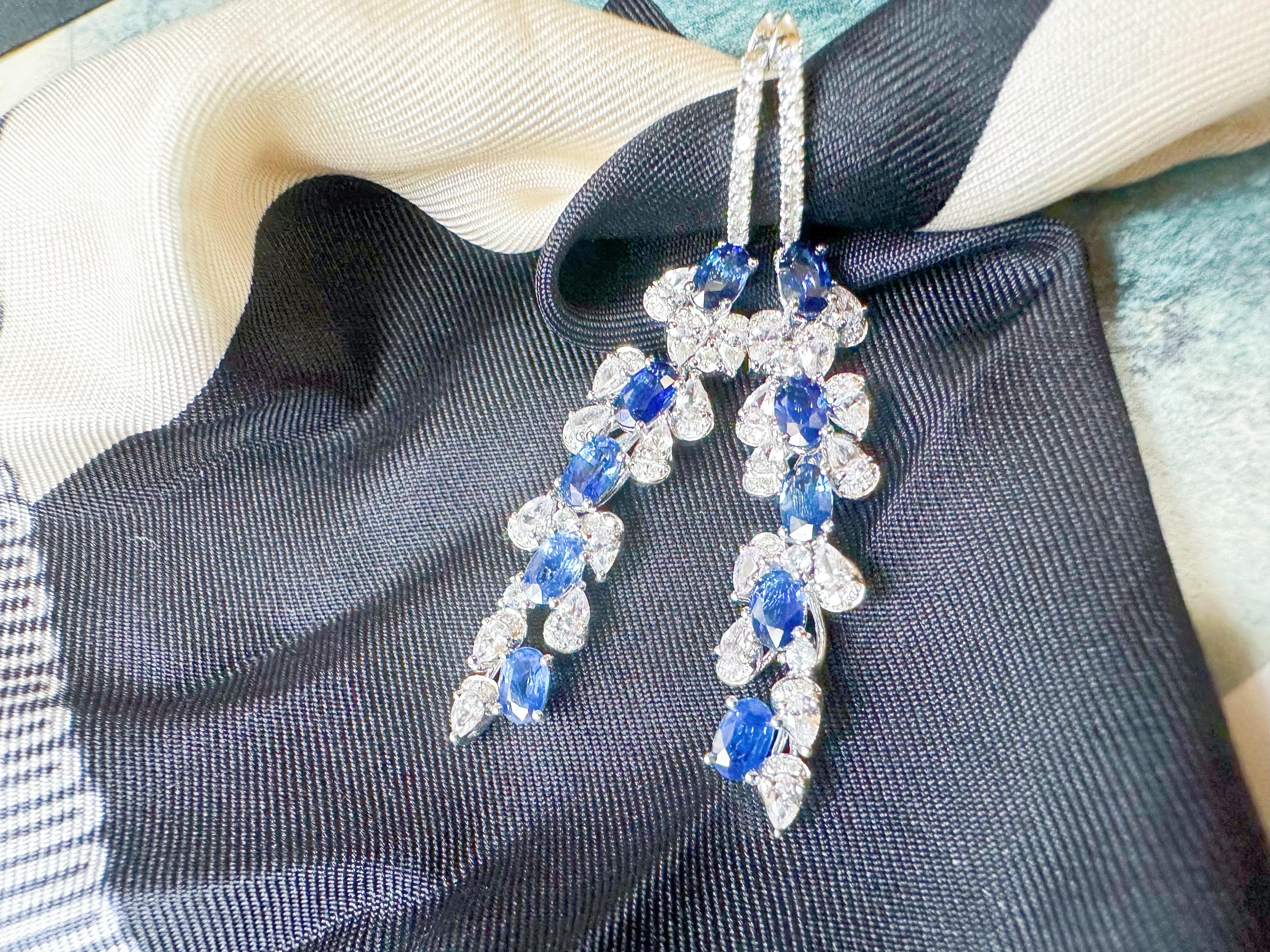 Certified Royal Blue Sapphire in Diamond White Sapphire Long Earrings For Sale 3