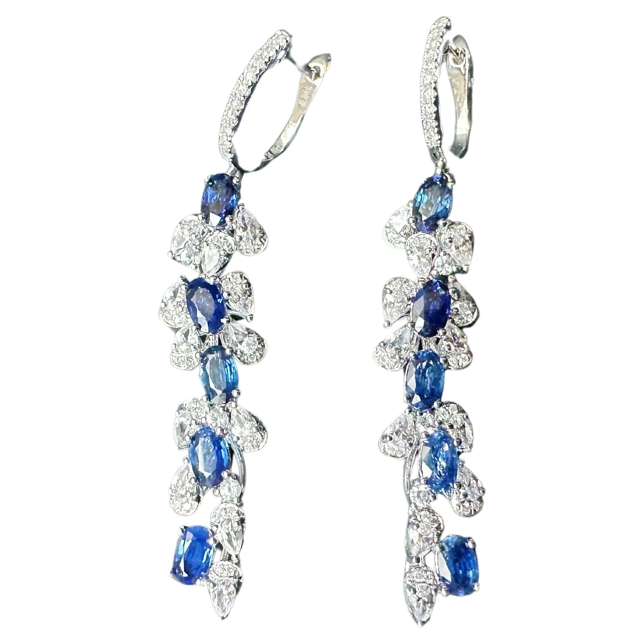 Certified Royal Blue Sapphire in Diamond White Sapphire Long Earrings For Sale