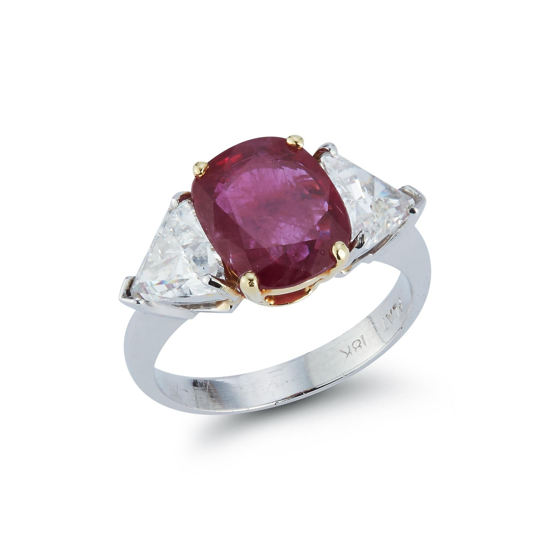 Certified Ruby & Diamond Three Stone Ring Set in Platinum and 18K Yellow Gold
Ruby Weight: 2.51 Cts
Diamond Weight: 1.59 Cts
Ring Size: 5.75 
Re-sizable free of Charge 