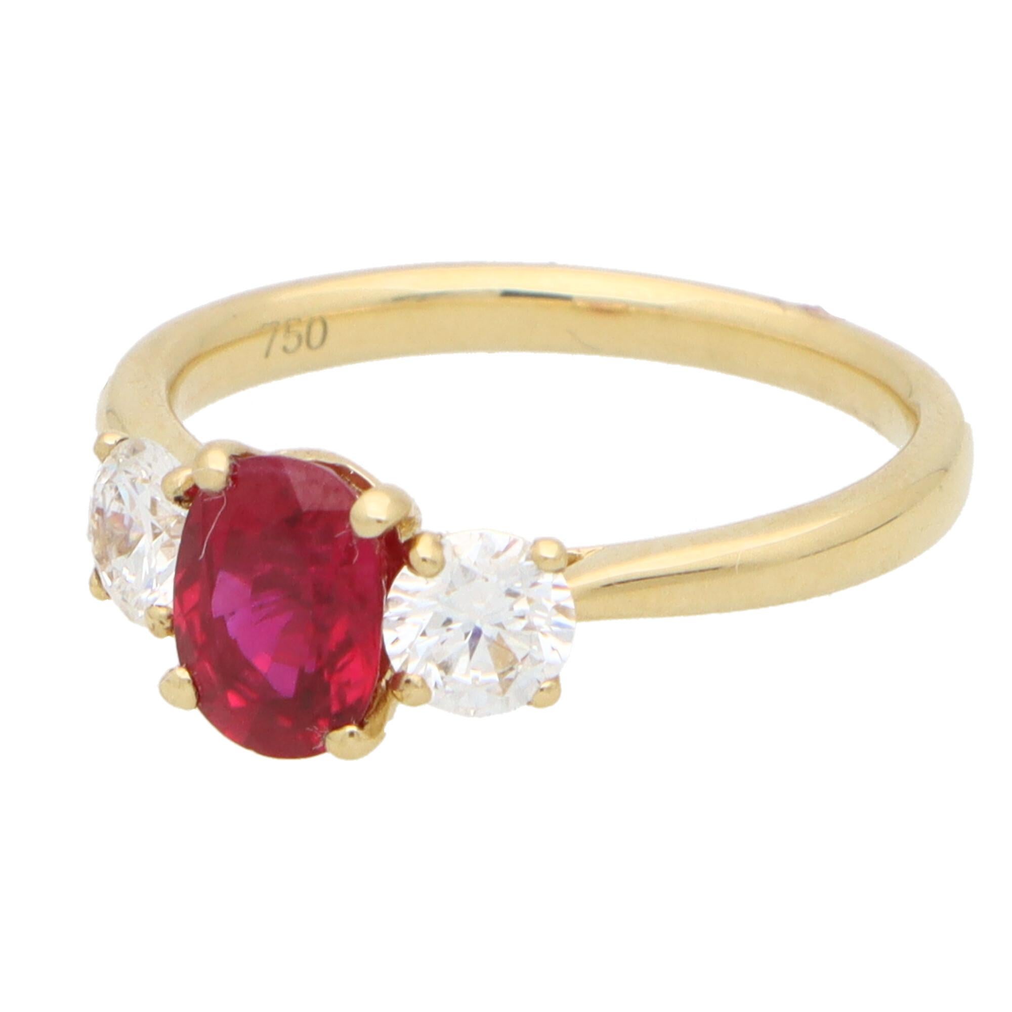Modern Ruby and GIA Certified Diamond Trilogy Ring Set in 18k Yellow Gold For Sale