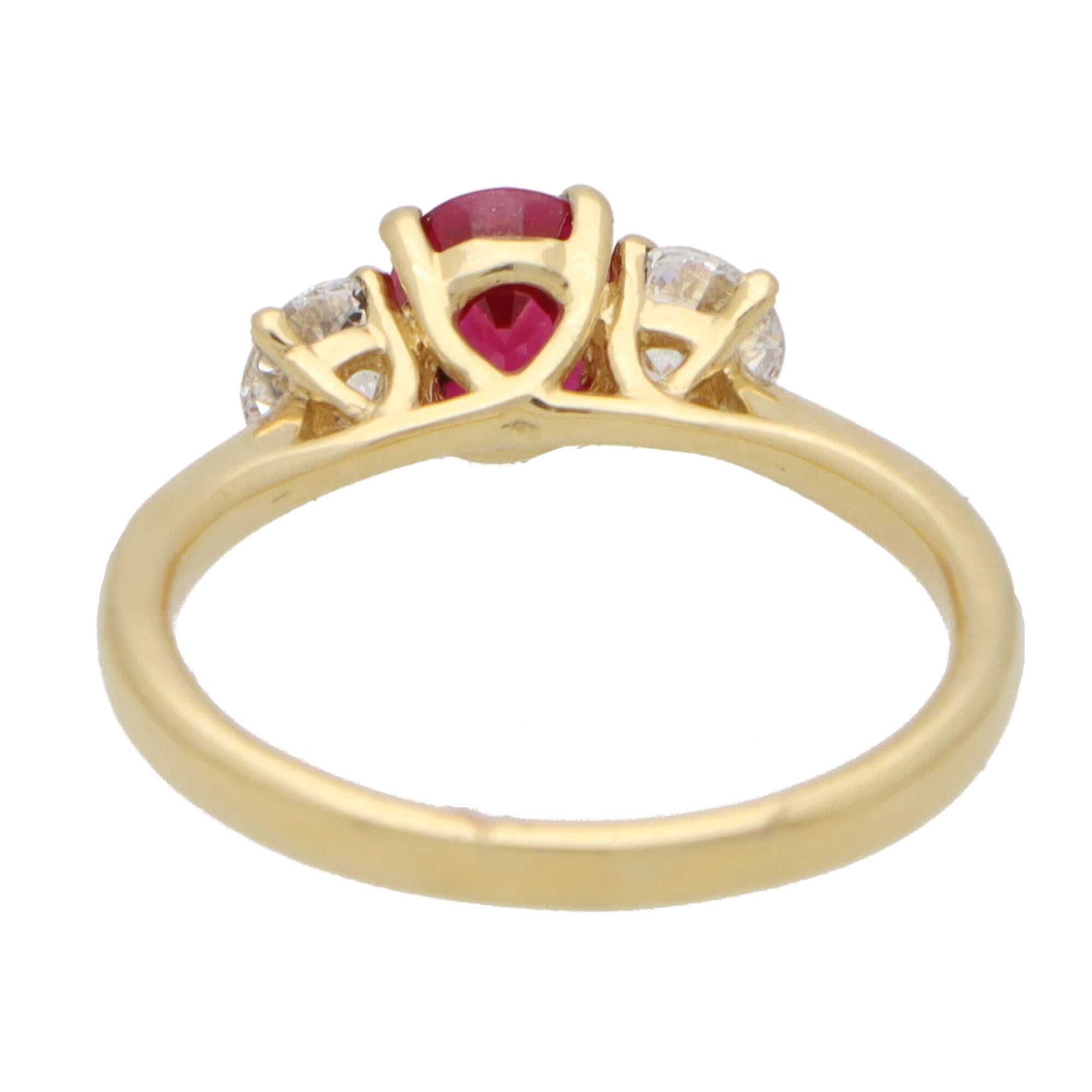 Oval Cut Ruby and GIA Certified Diamond Trilogy Ring Set in 18k Yellow Gold For Sale