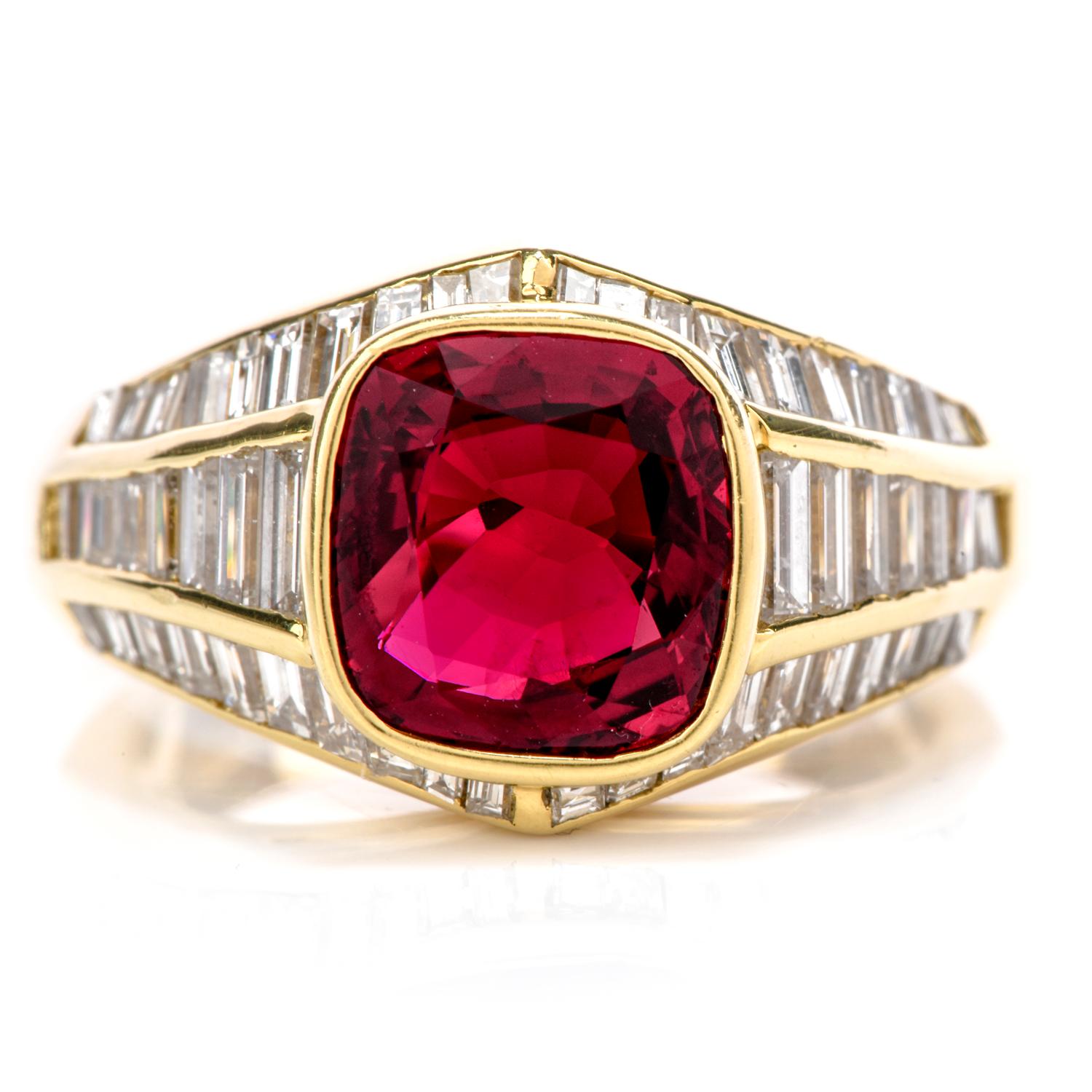 Throughout ancient times, to present day, rubies have signified passion, purity and nobility. Their lustrous deep red hue will bring a sense of pride when you wear it. 

This fantastic 3.49 Carat, Cushion Cut, Bezel Set Ruby & Diamond Ring will