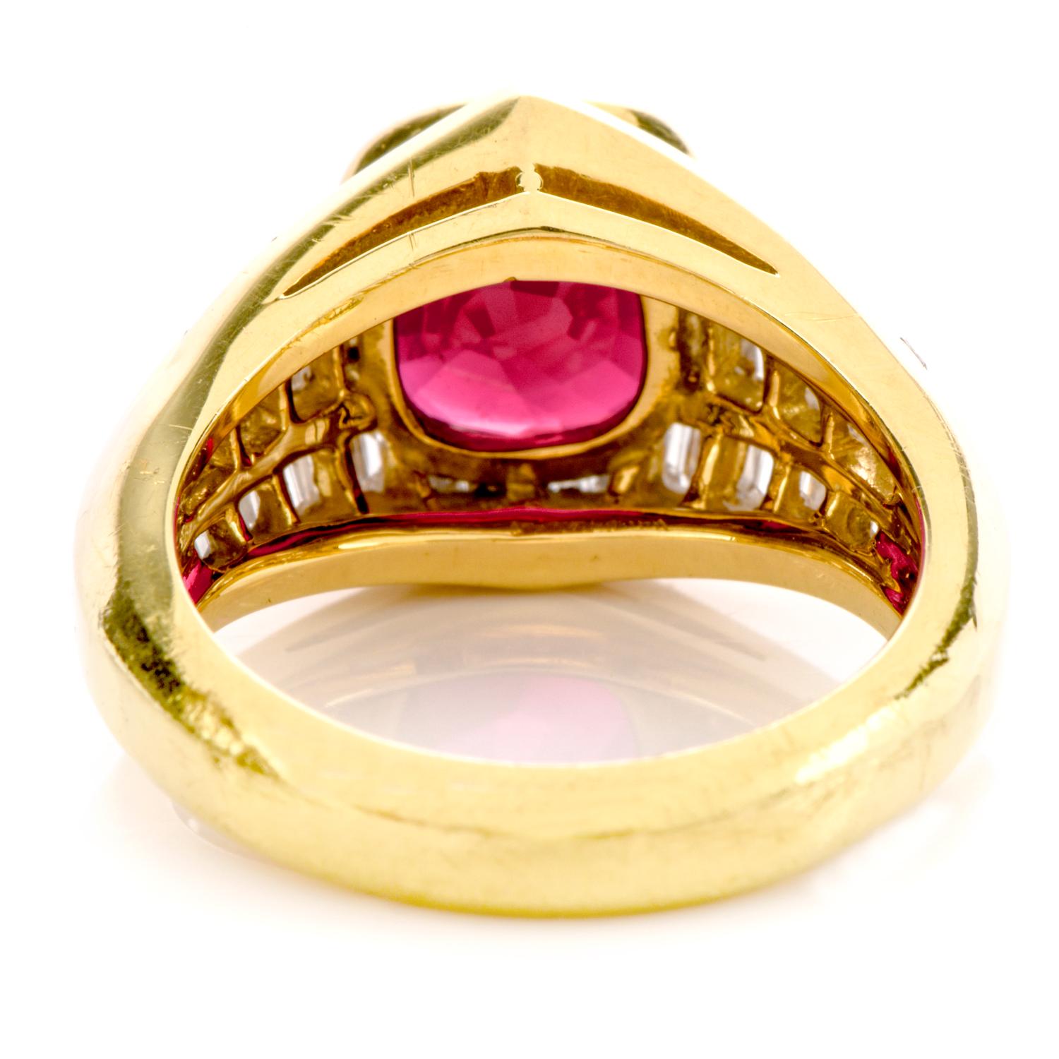 Modern Certified Ruby Diamond 18 Karat Gold 3.49 Carat Cushion Baguette Ring