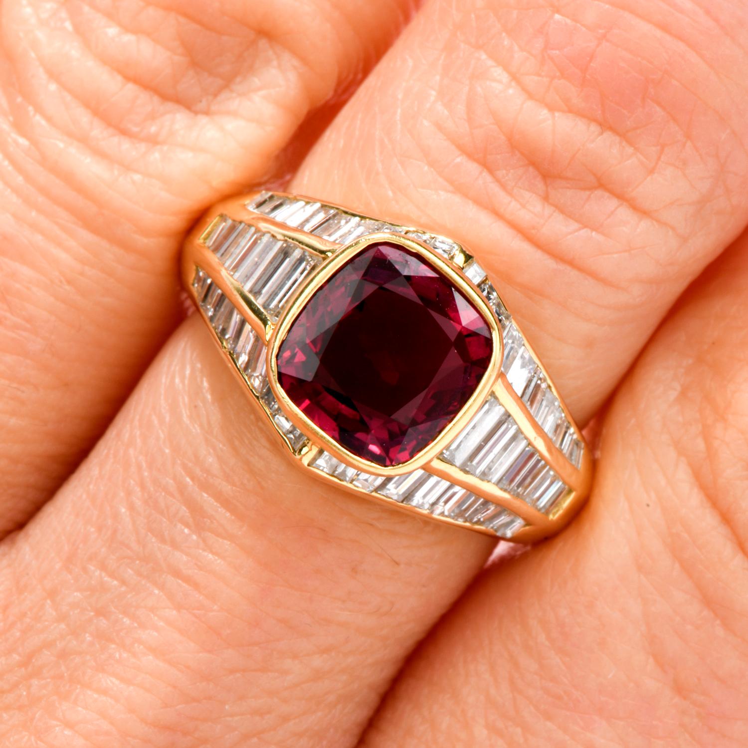 Certified Ruby Diamond 18 Karat Gold 3.49 Carat Cushion Baguette Ring In Excellent Condition In Miami, FL