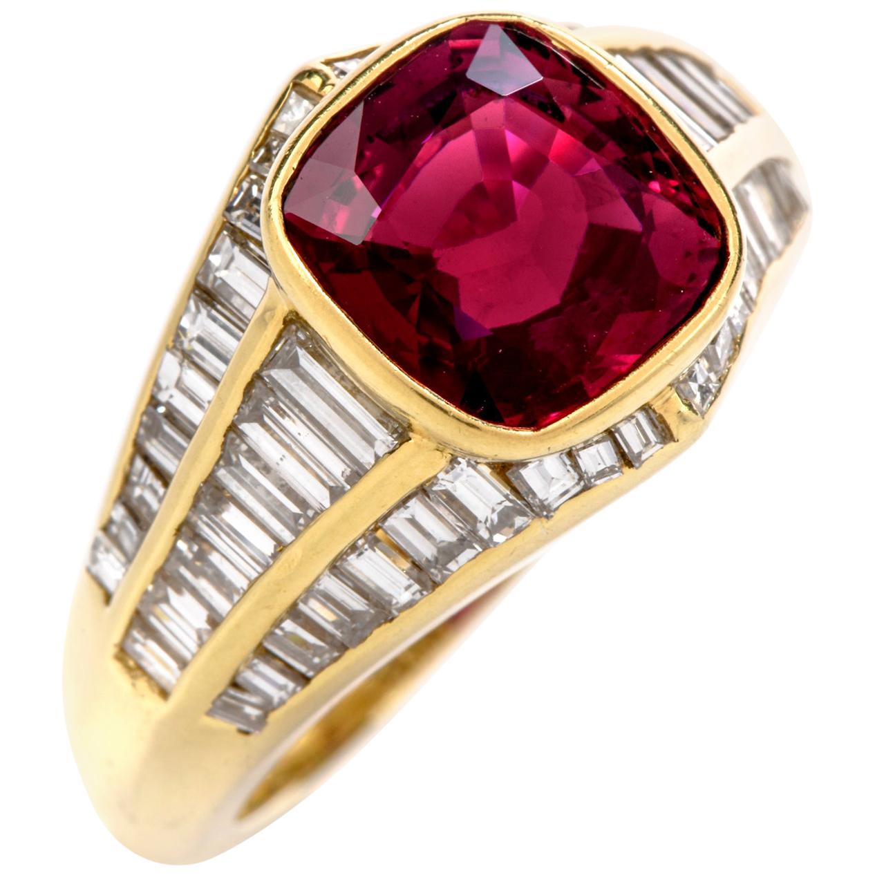 Certified Ruby Diamond 18 Karat Gold 3.49 Carat Cushion Baguette Ring