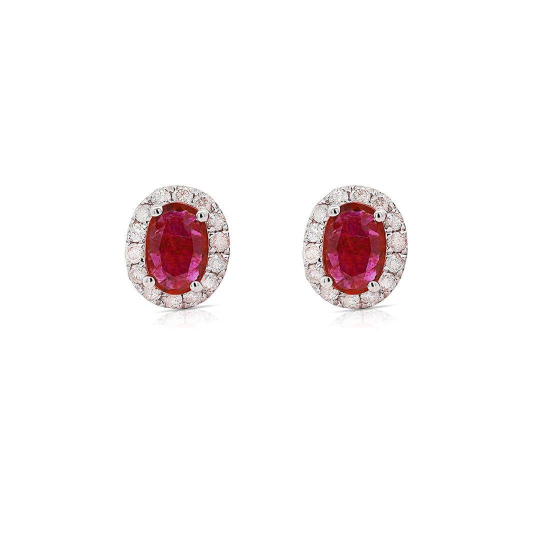 Certified Ruby Diamond Halo Stud Earring in 14K Yellow/White Gold In New Condition For Sale In Miami, FL