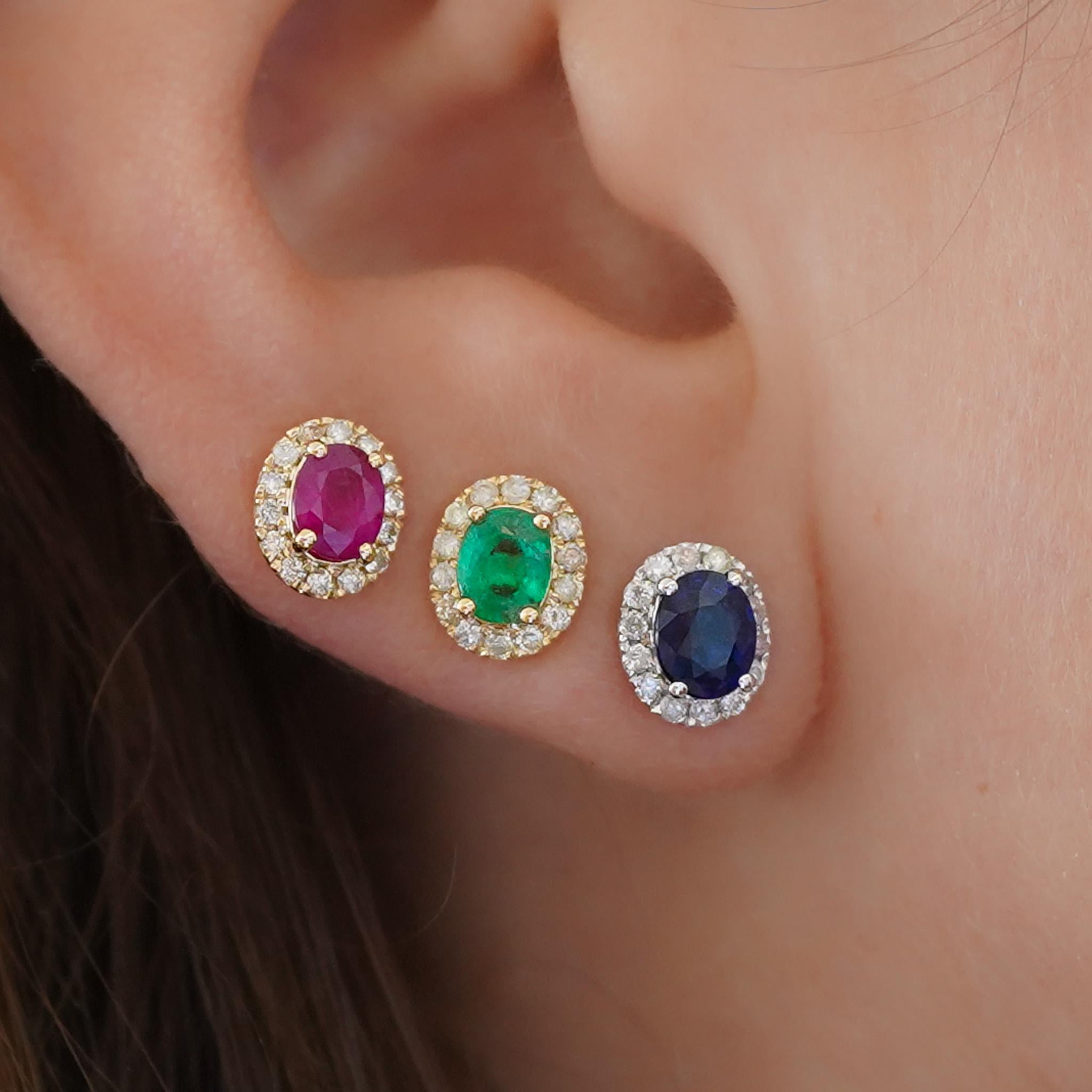 Certified Ruby Diamond Halo Stud Earring in 14K Yellow/White Gold For Sale 1