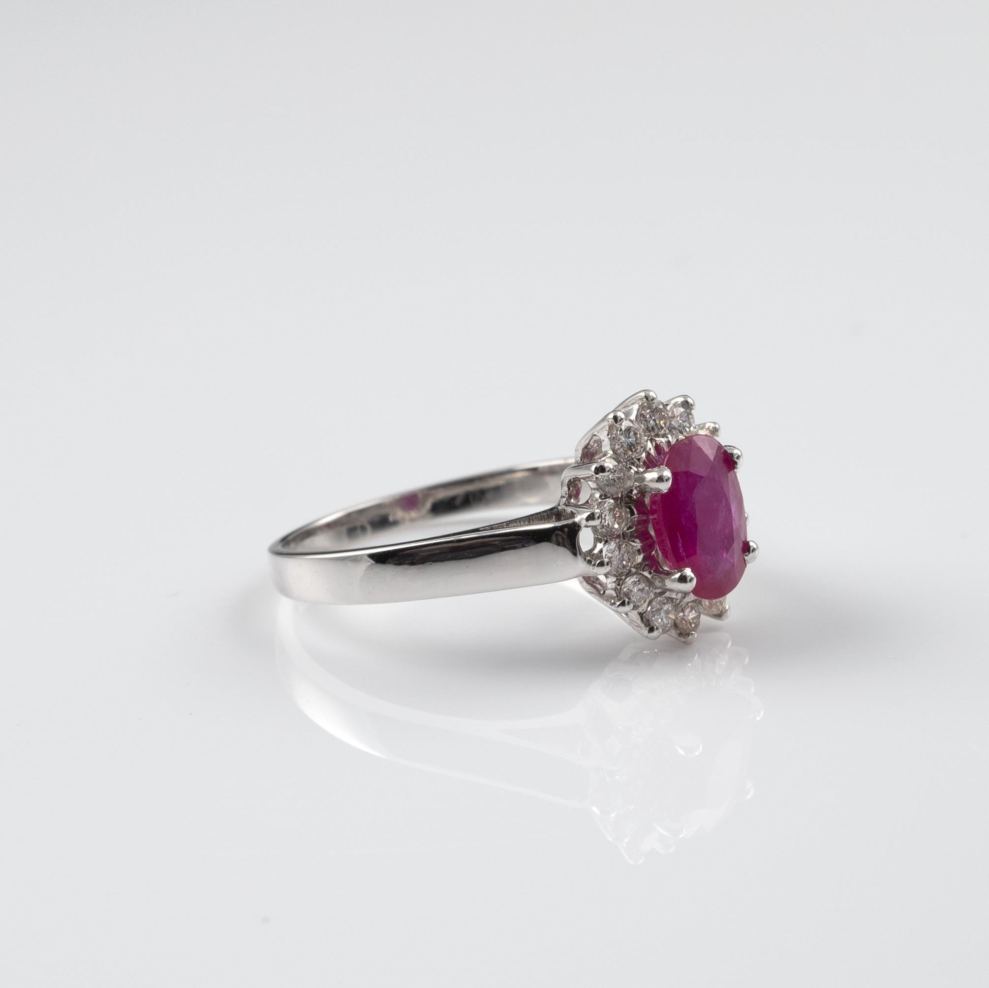 Women's Certified Ruby Diamond Oval Halo Ring 18 Karat White Gold For Sale