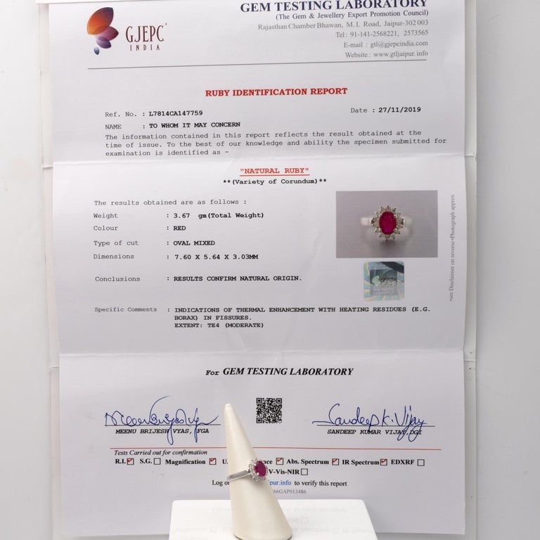 Certified Ruby Diamond Oval Halo Ring 18 Karat White Gold For Sale at