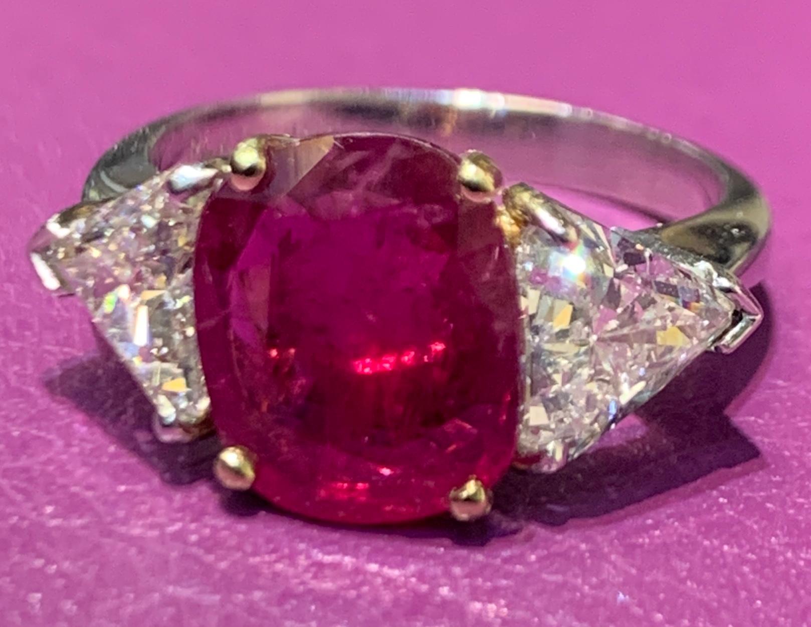 Oval Cut Certified Ruby and Diamond Three-Stone Ring For Sale