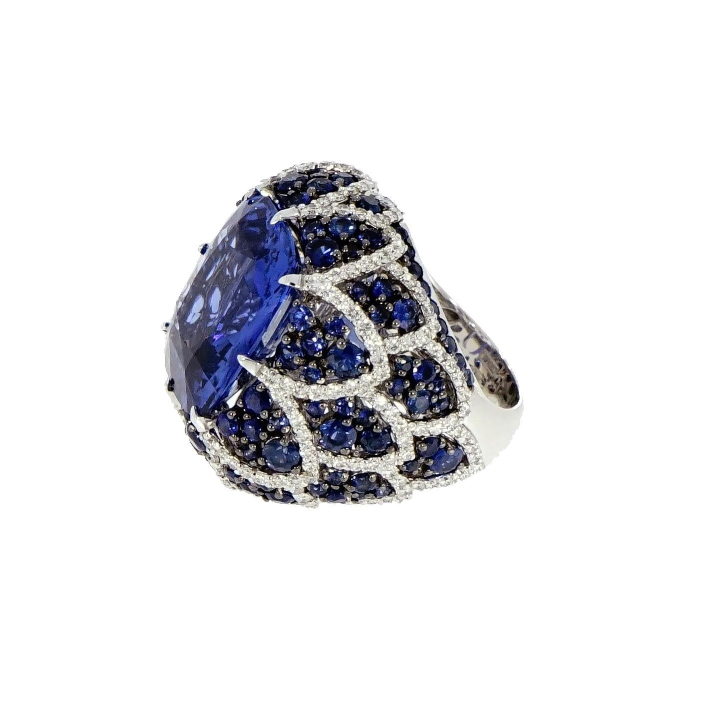 Cushion Cut Certified Sapphire and Diamond 18 Karat White Gold Cocktail Ring