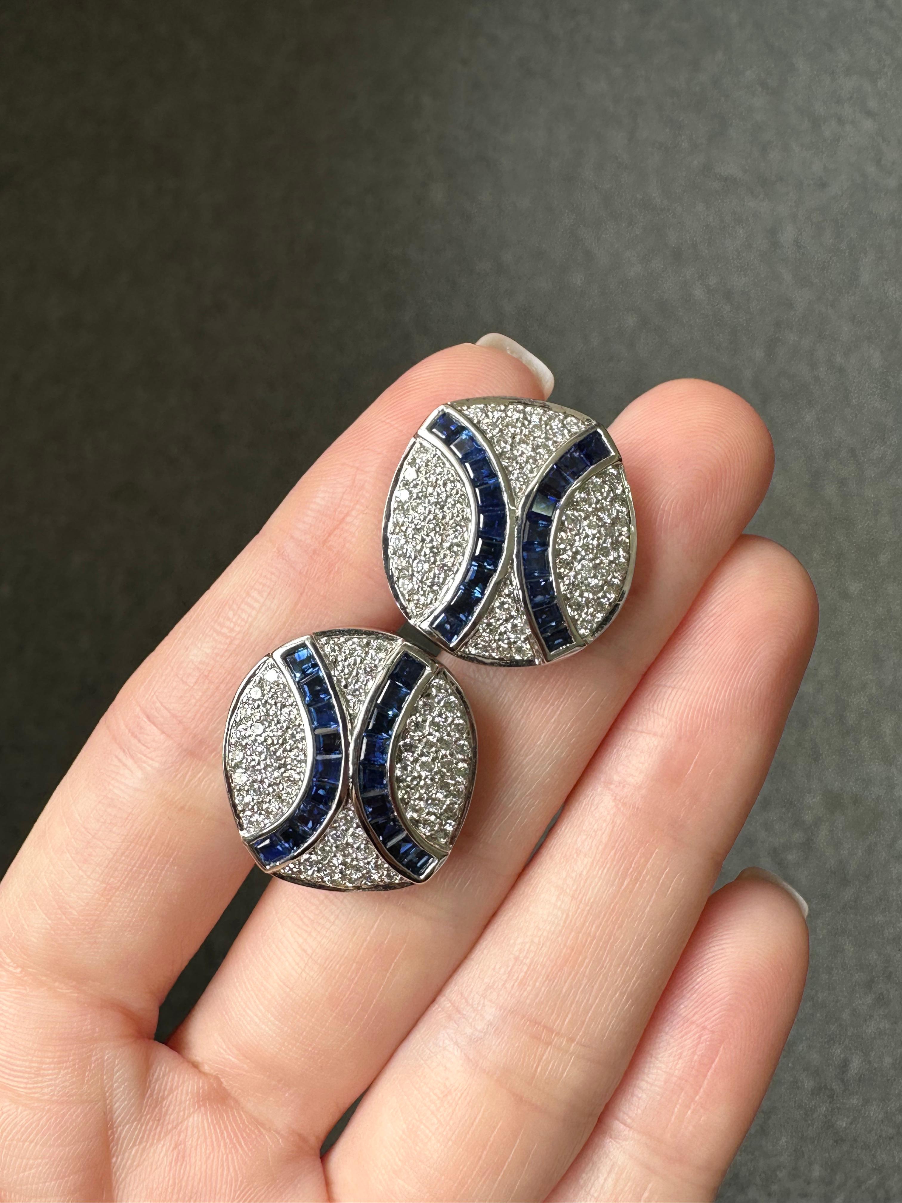 Art Deco Certified Sapphire and Diamond Cufflinks in 18K White Gold