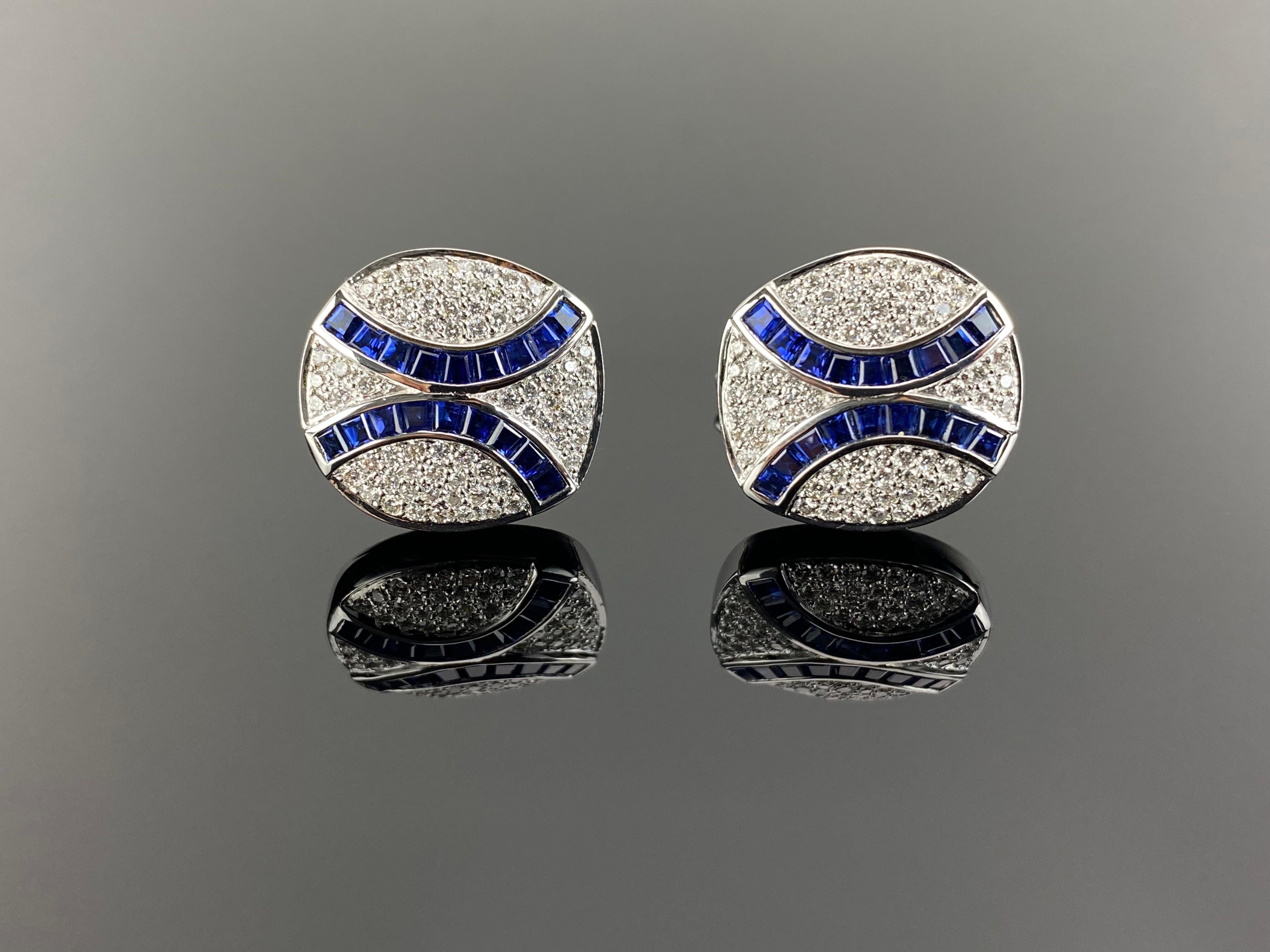 Women's or Men's Certified Sapphire and Diamond Cufflinks in 18K White Gold
