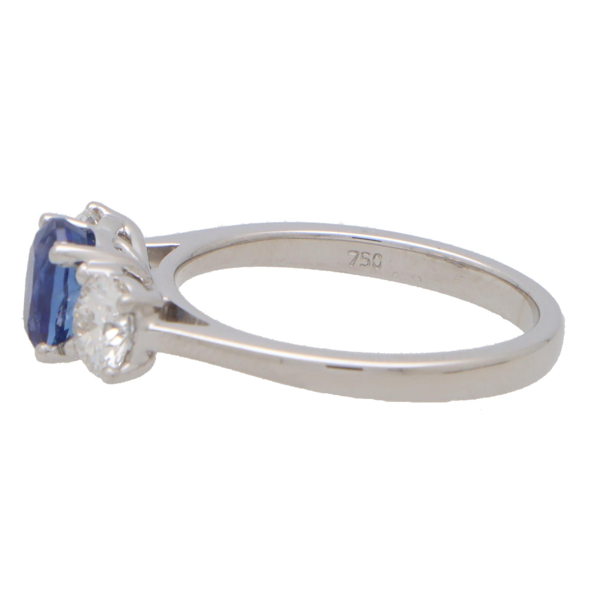 Round Cut Certified Sapphire and Diamond Three Stone Ring Set in 18k White Gold For Sale